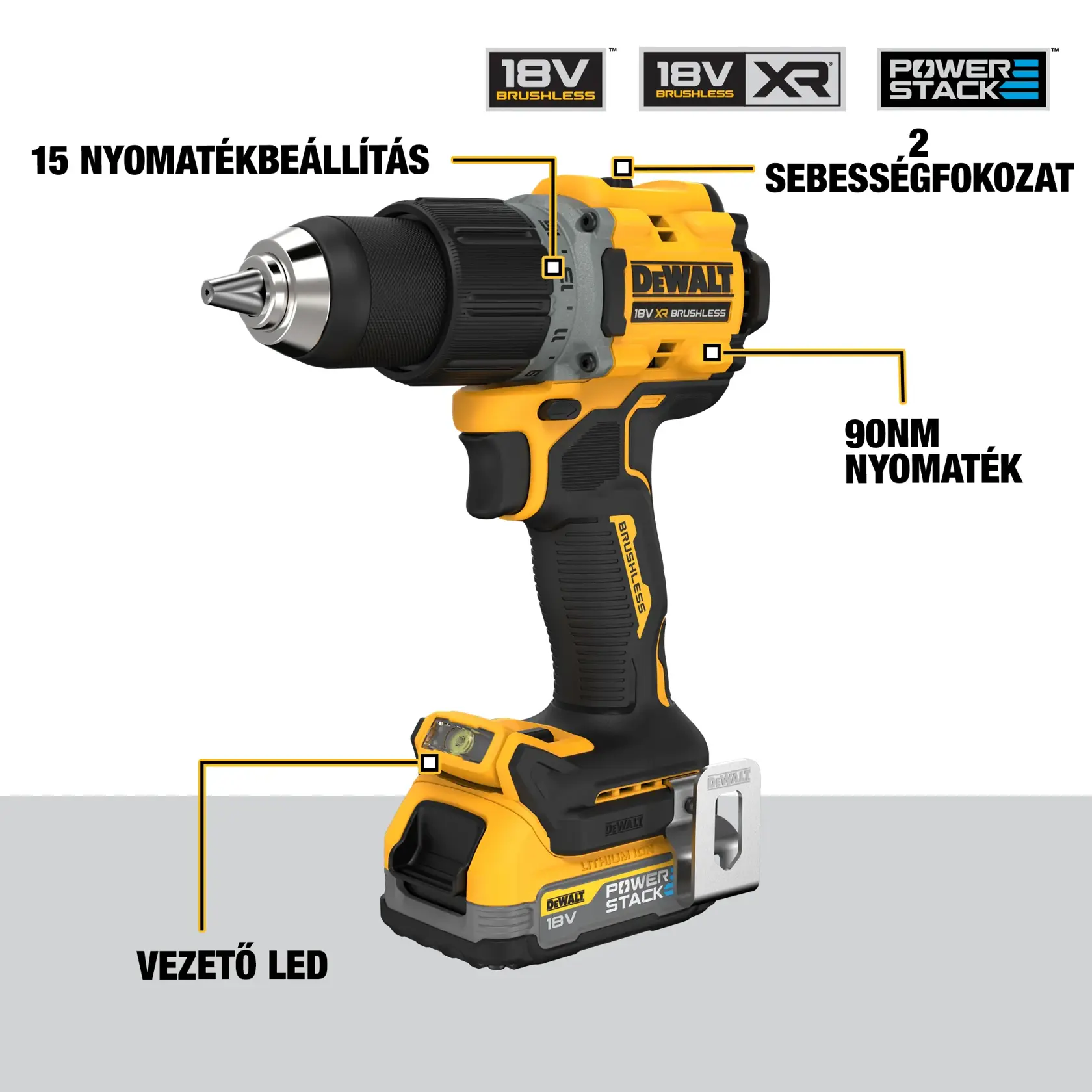 18V XR Szénkefe nélküli, tokmányos FÚRÓCSAVAROZÓ, 2 db 1,7 Ah Powerstack akkumulátorral, töltővel, kofferben.