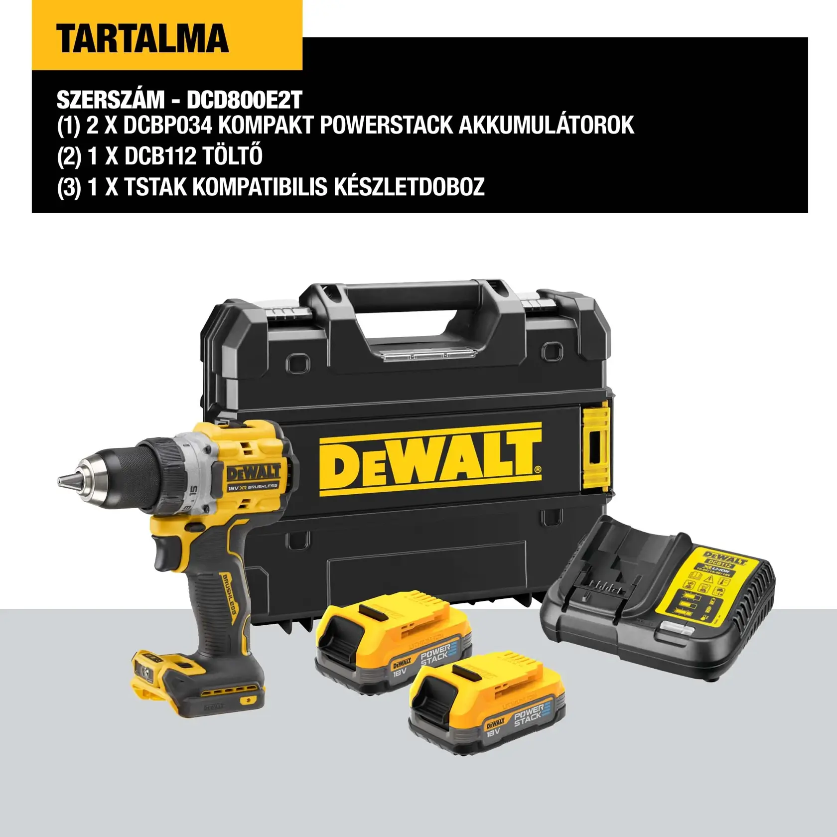 18V XR Szénkefe nélküli, tokmányos FÚRÓCSAVAROZÓ, 2 db 1,7 Ah Powerstack akkumulátorral, töltővel, kofferben.