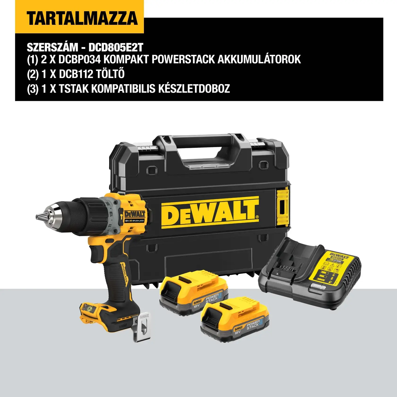 18V XR Szénkefe nélküli, ÜTVEFÚRÓ-CSAVAROZÓ, 2 db 1,7 Ah Powerstack akkumulátorral, töltővel, kofferben.