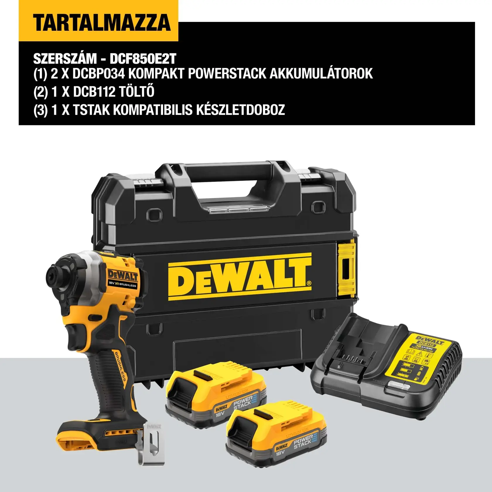 18V XR Szénkefe nélküli ÜTVECSAVAROZÓ, 2 db 1,7 Ah Powerstack akkumulátorral, töltővel, kofferben.