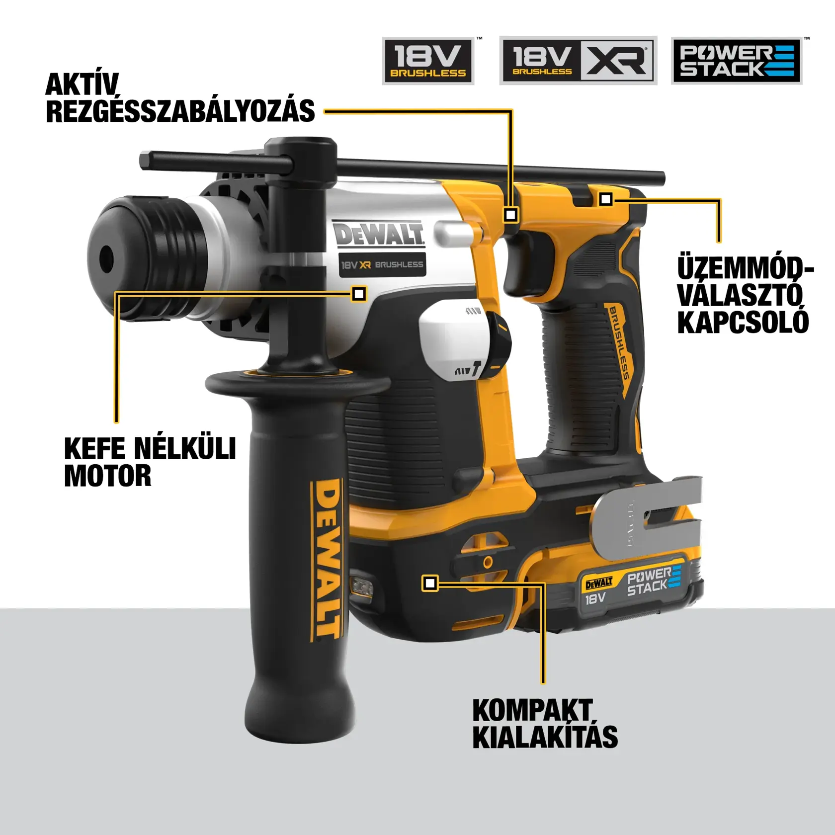 18V XR Szénkefe nélküli, 16 mm SDS Plus FÚRÓKALAPÁCS, 2 db 1,7 Ah Powerstack akkumulátorral, töltővel, kofferben.