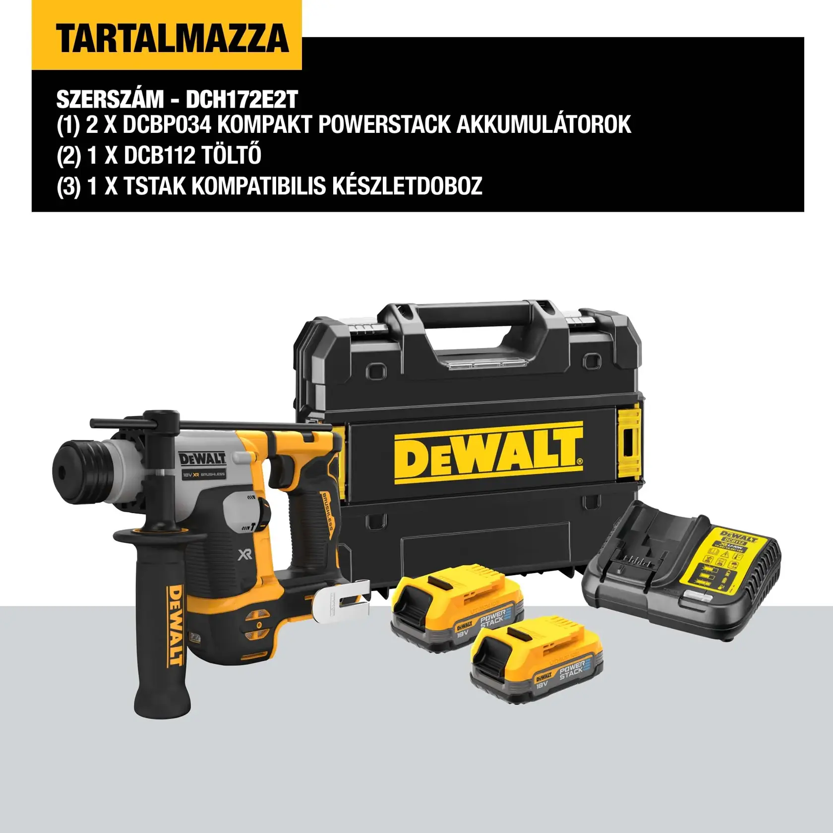18V XR Szénkefe nélküli, 16 mm SDS Plus FÚRÓKALAPÁCS, 2 db 1,7 Ah Powerstack akkumulátorral, töltővel, kofferben.