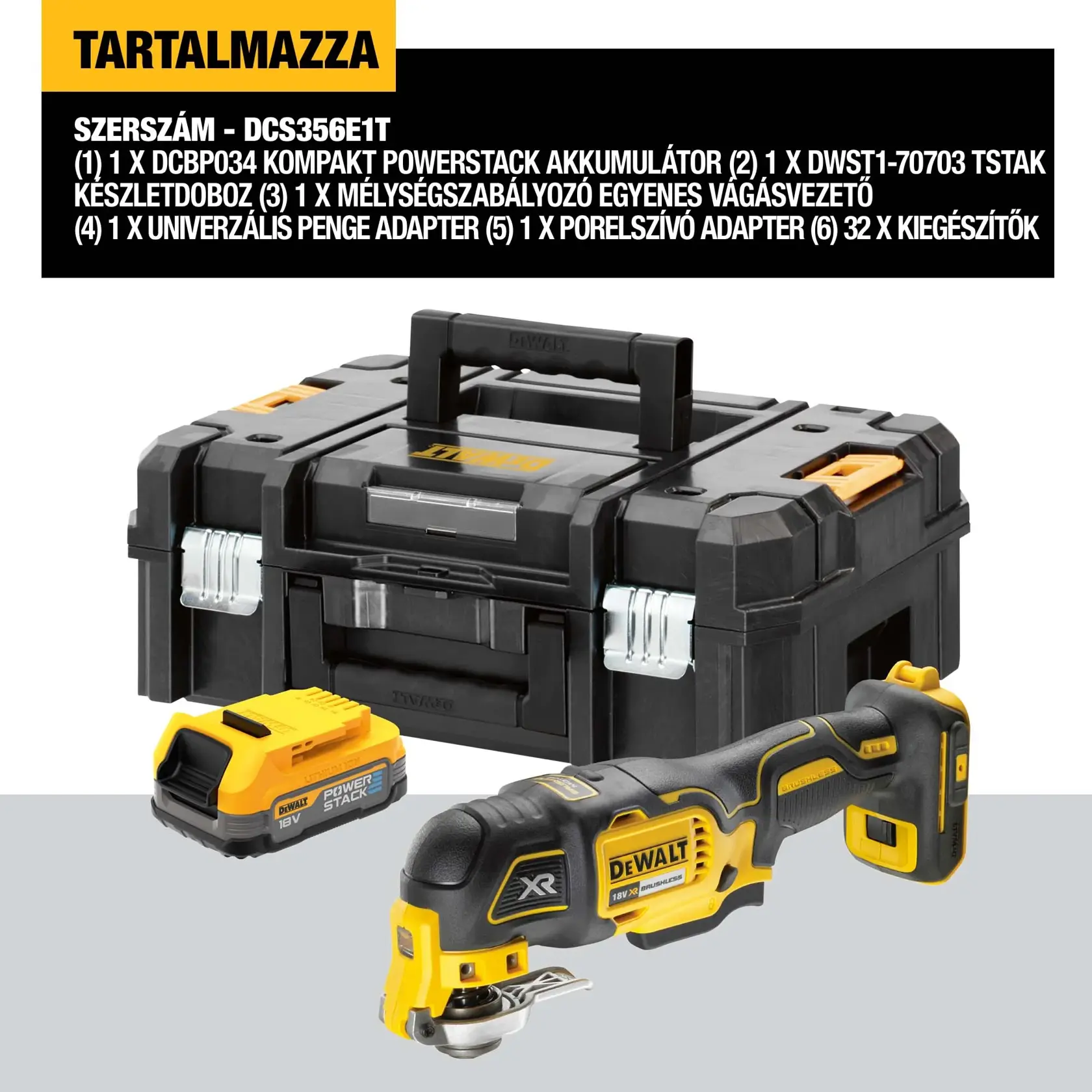 18V XR többfunkciós oszcilláló készülék 1 × POWERSTACK 1,7 Ah akkumulátorral, töltő nélkül, TSTAK-ban