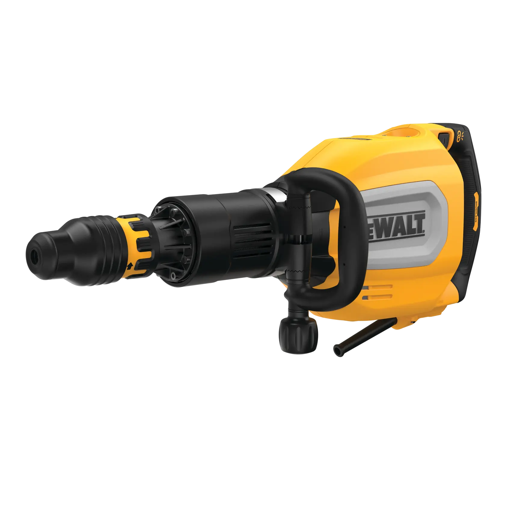 DEWALT márkájú elektromos bontókalapács sárga-fekete testtel és oldalsó fogantyúval a jobb fogás és irányítás érdekében.