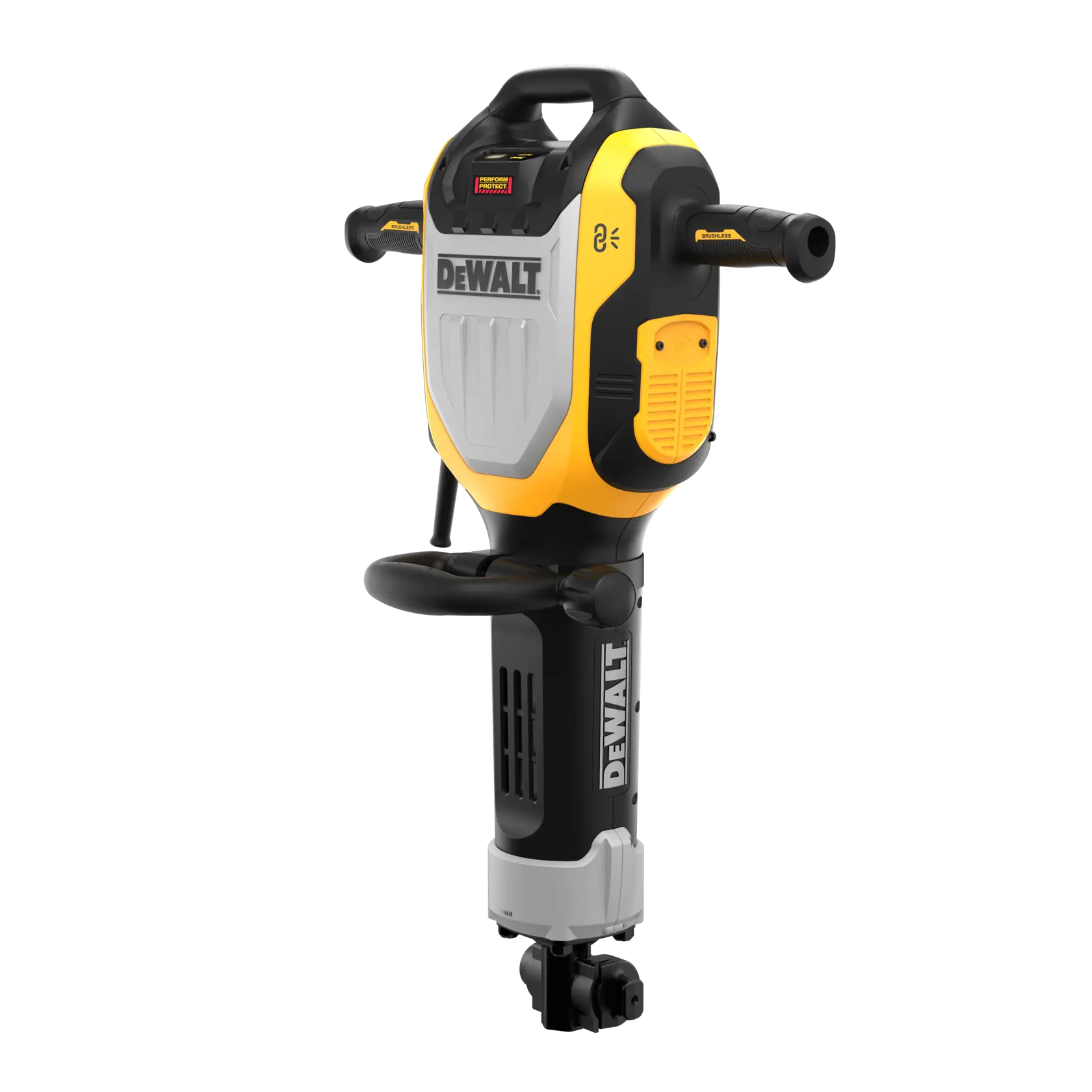Egy DEWALT elektromos bontókalapács sárga-fekete kivitelben, ergonomikus markolatokkal és masszív felépítéssel, függőlegesen ábrázolva fehér háttéren.