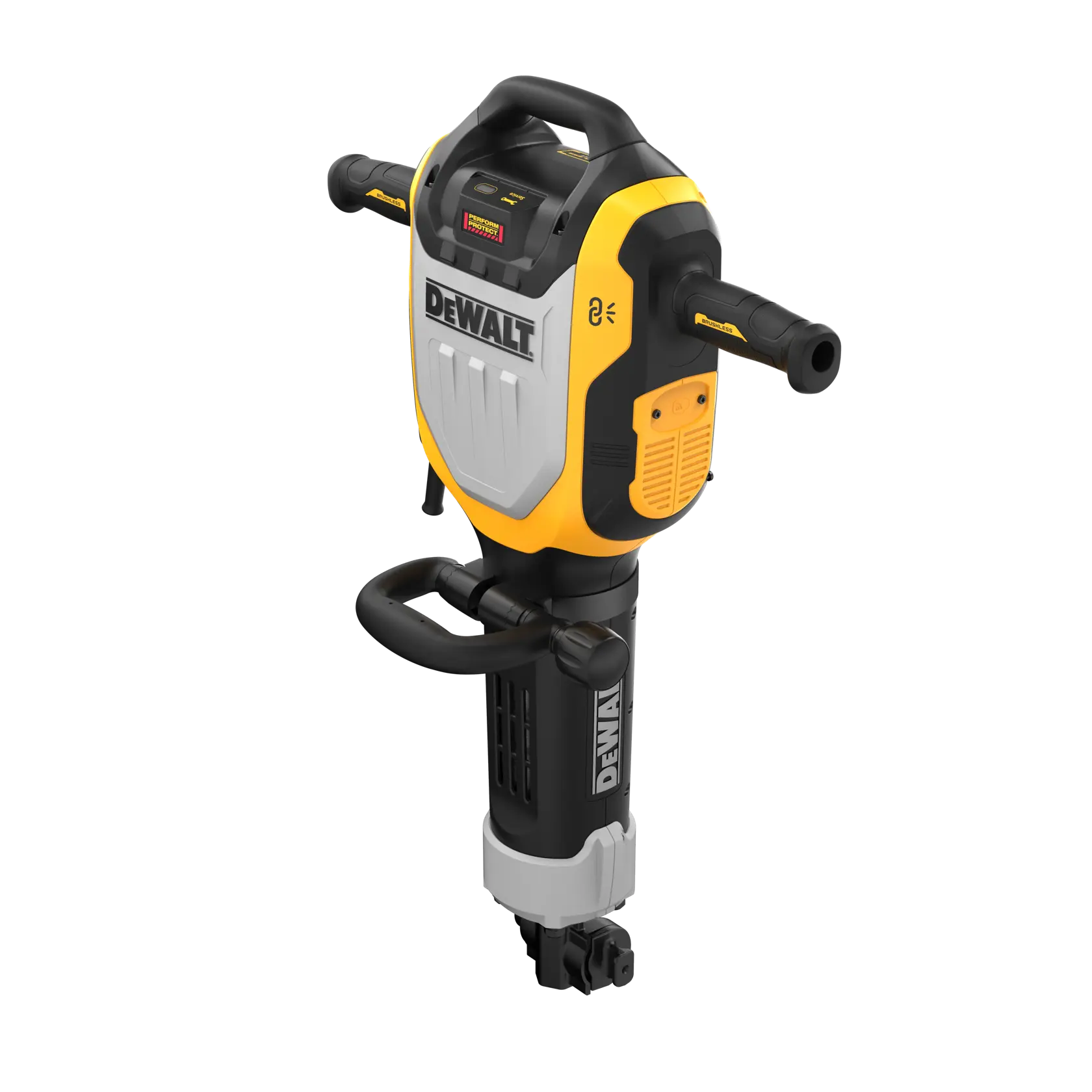 DEWALT márkájú elektromos bontókalapács sárga-fekete kivitelben, két fogantyúval és masszív felépítéssel, nehéz bontási munkákhoz alkalmas.