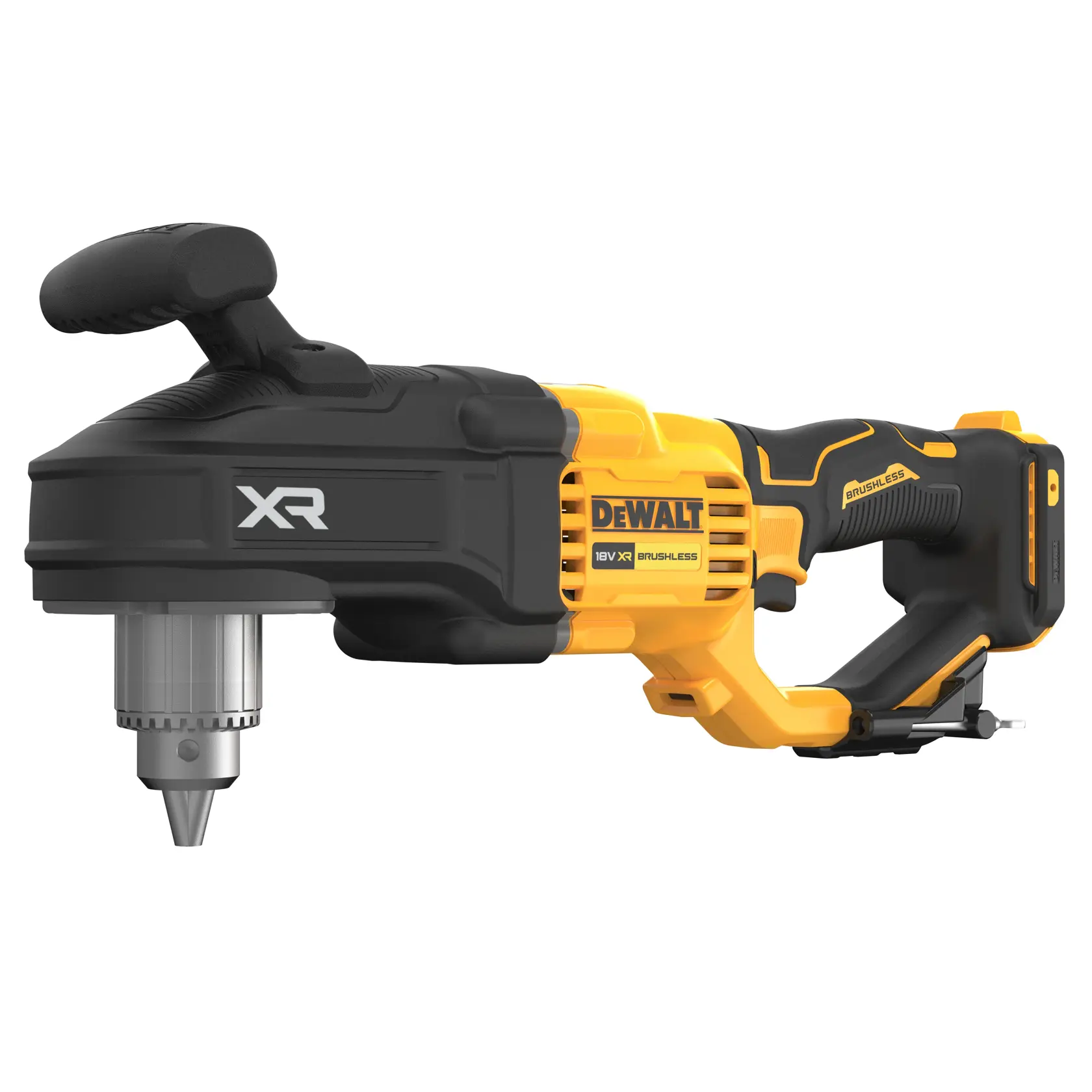 DEWALT DCD444N 18V XR kefementes akkus szögfúró, sárga és fekete színben, oldalsó fogantyúval és kulcs nélküli tokmánnyal.