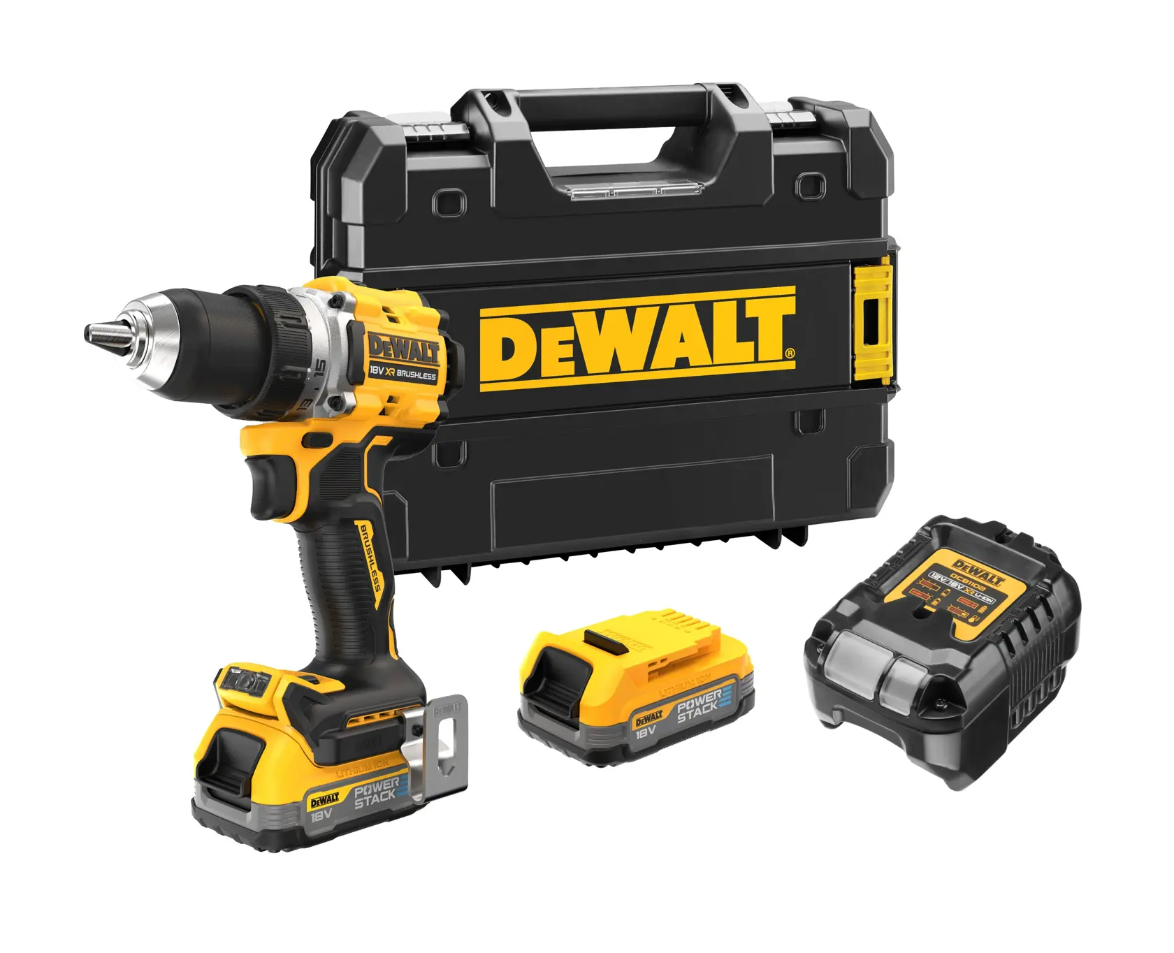 18V XR Szénkefe nélküli, tokmányos FÚRÓCSAVAROZÓ, 2 db 1,7 Ah Powerstack akkumulátorral, töltővel, kofferben.