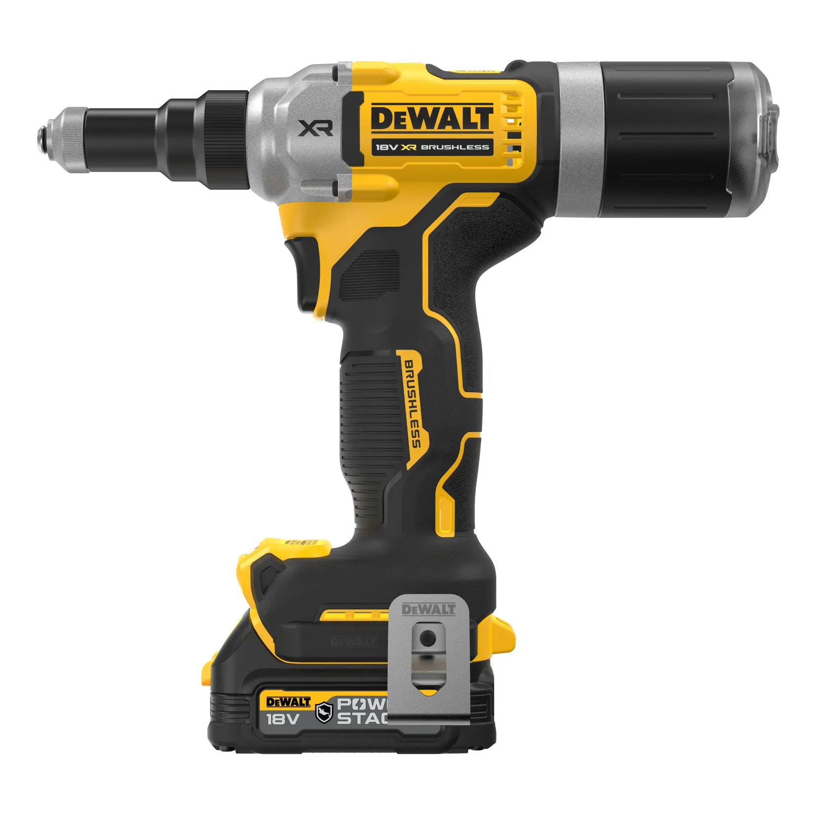 18V XR szénkefe nélküli 6.3 mm-es szegecshúzó, 2x1.7Ah Gumírozott POWERSTACK akku, TSTAK kofferben
