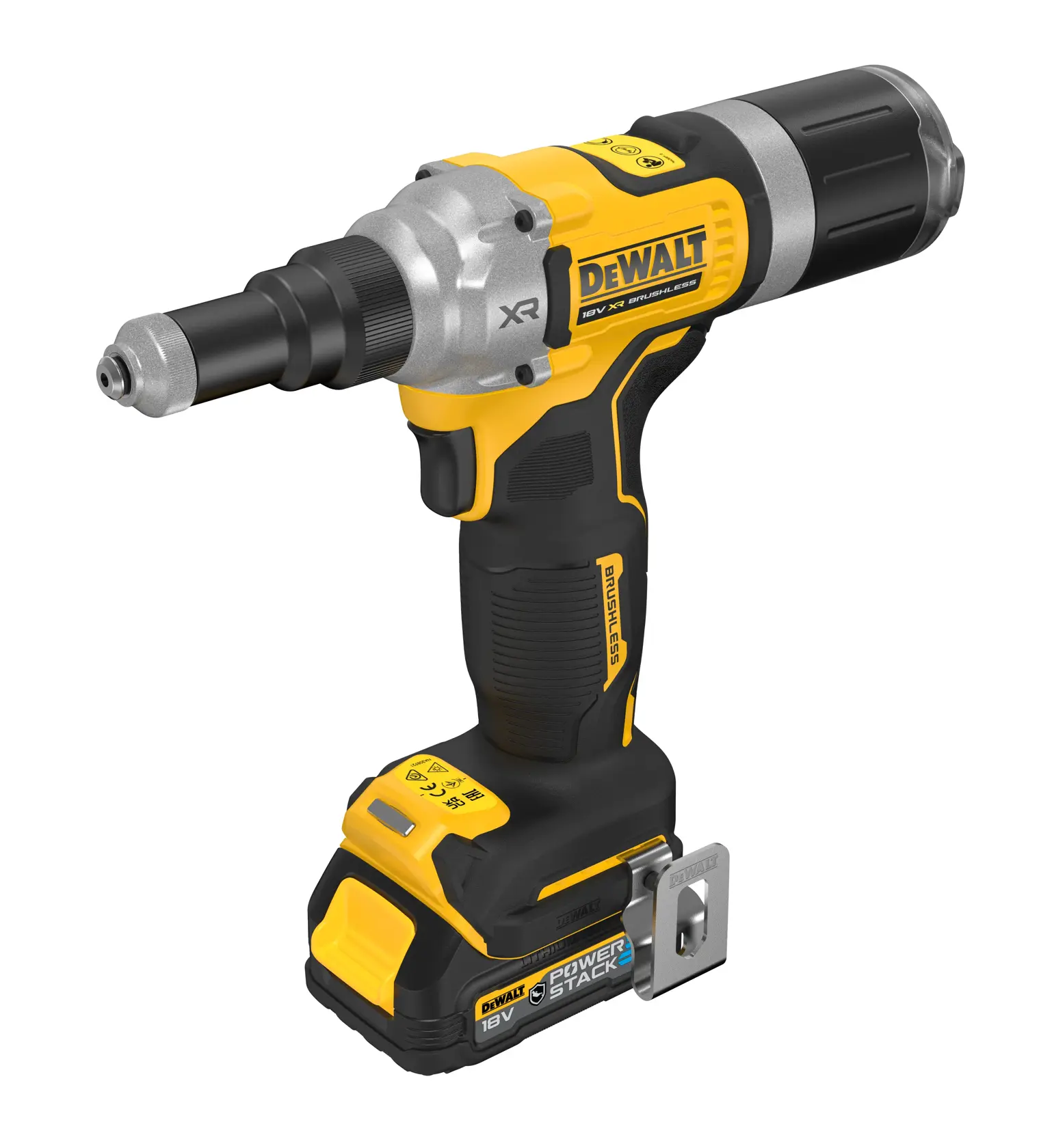 18V XR szénkefe nélküli 6.3 mm-es szegecshúzó, 2x1.7Ah Gumírozott POWERSTACK akku, TSTAK kofferben