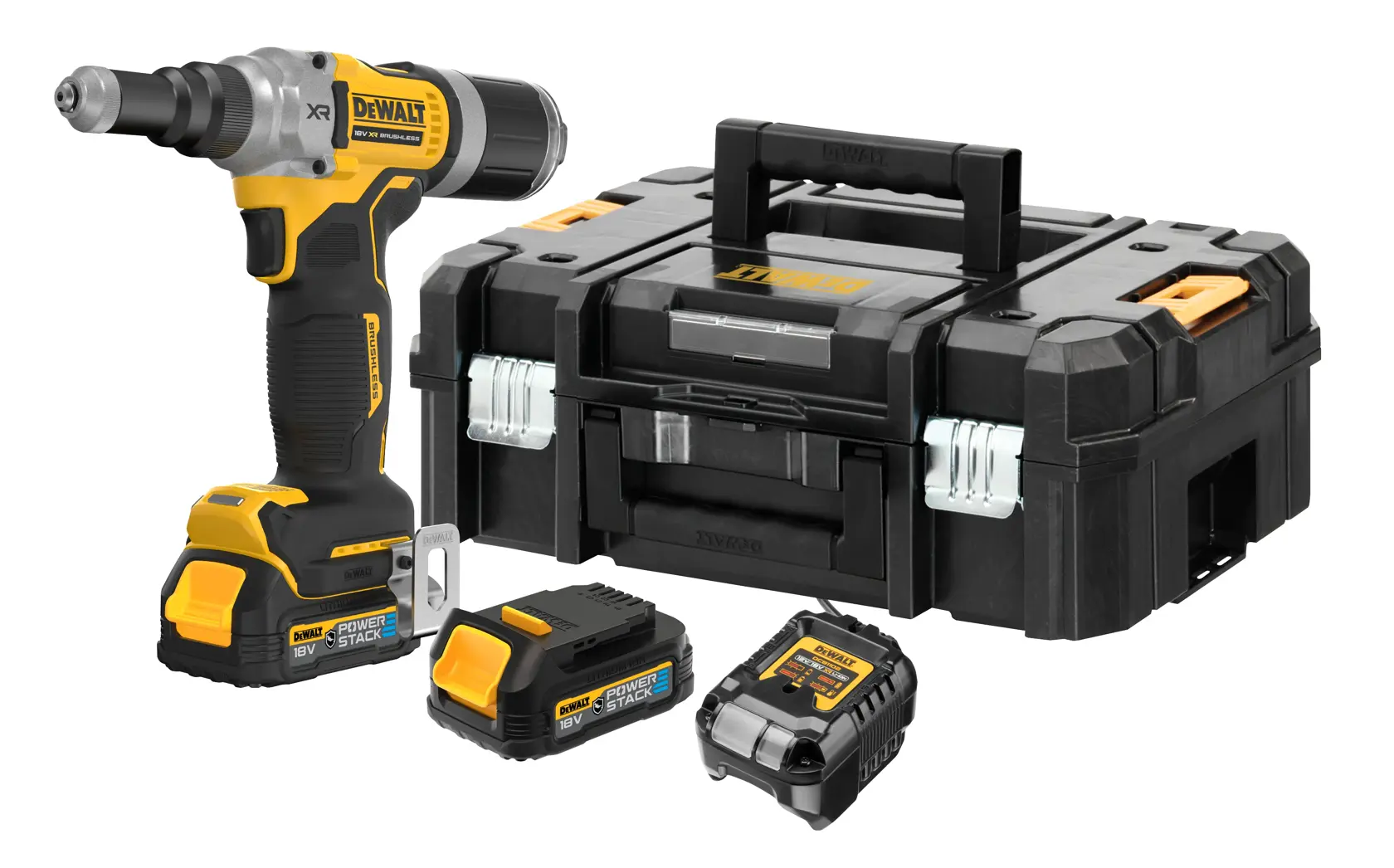 DEWALT vezeték nélküli ütvecsavarozó készlet DCF414E2GT fekete-sárga ütvecsavarozóval, két 18V Powerstack akkumulátorral, akkumulátortöltővel és fekete DEWALT tárolódobozzal.