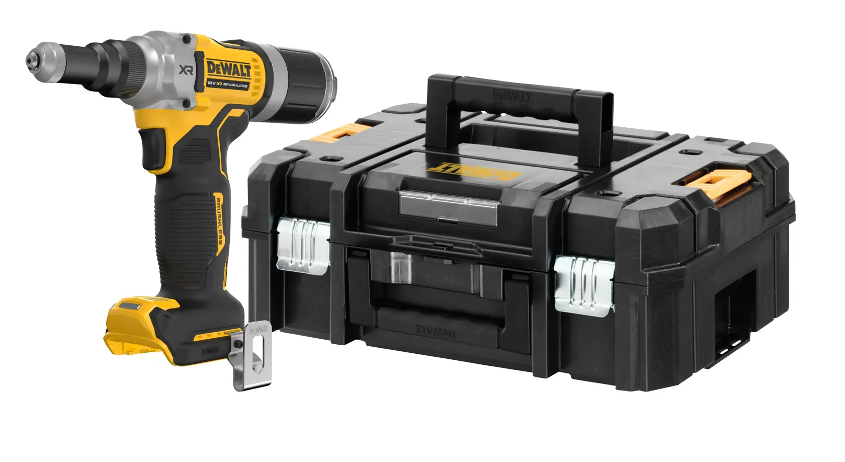 Egy DEWALT vezeték nélküli elektromos szerszám fekete-sárga kivitelben, mellette egy masszív fekete hordozókoffer fogantyúval és fémzárakkal.
