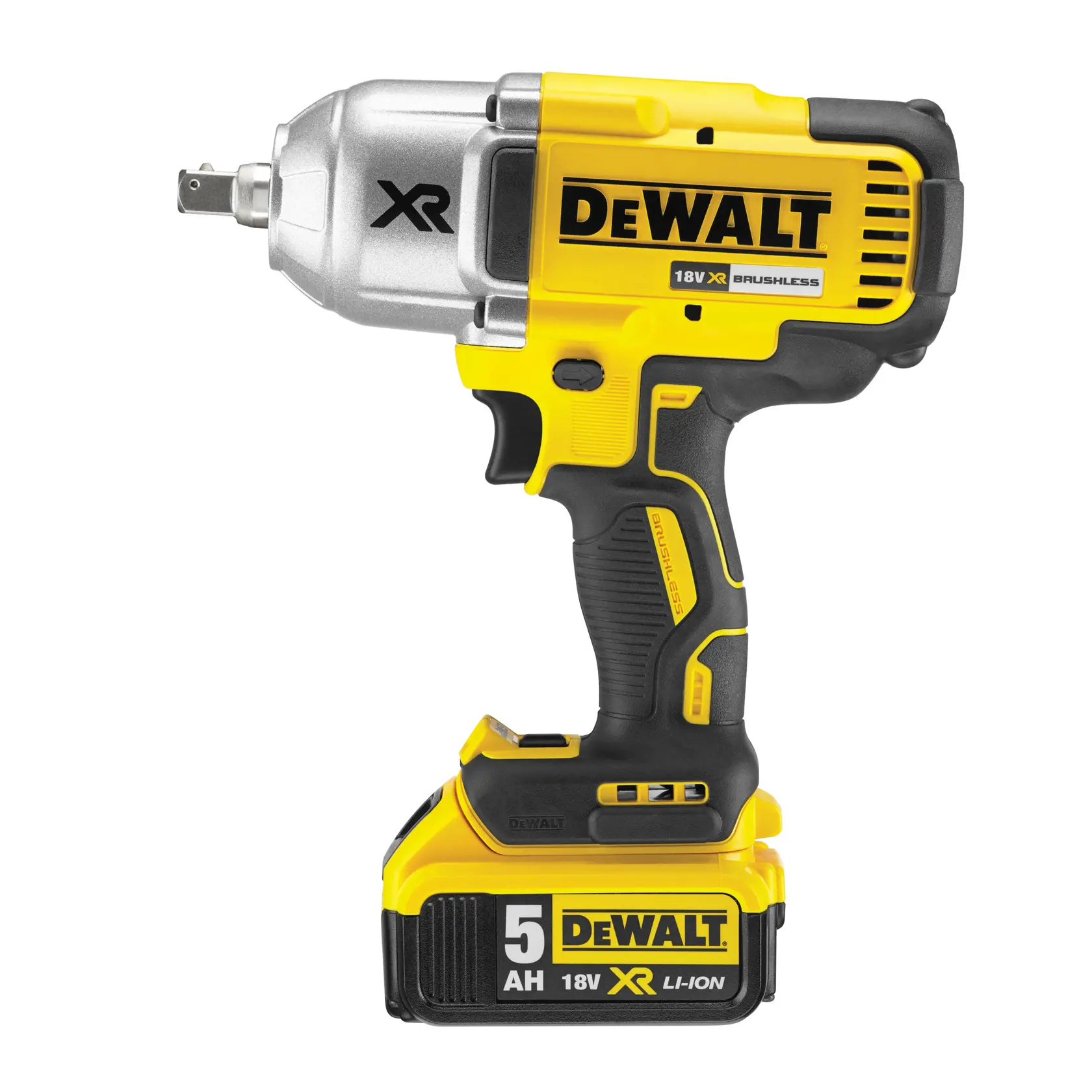A DEWALT DCF899P2 20V XR brushless impact wrench with a 1/2 inch anvil and detent pin, featuring multi-speed control and an LED light with 20-second delay. The tool is yellow and black with ergonomic grip design.