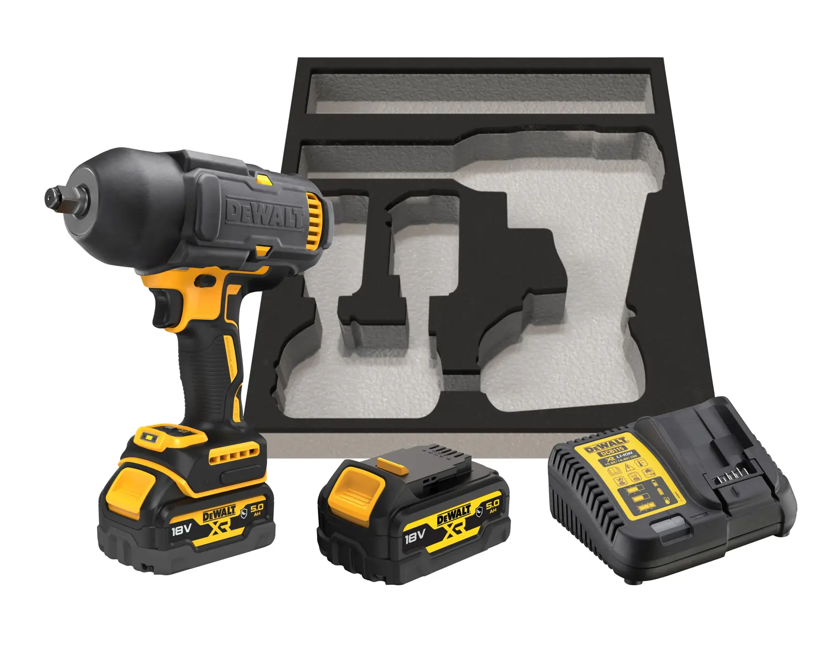 DEWALT 18V XR ütvecsavarozó 1/2", nagy nyomaték, szénkefe nélküli, 2×5Ah akkumulátorral, autóipari felhasználásra