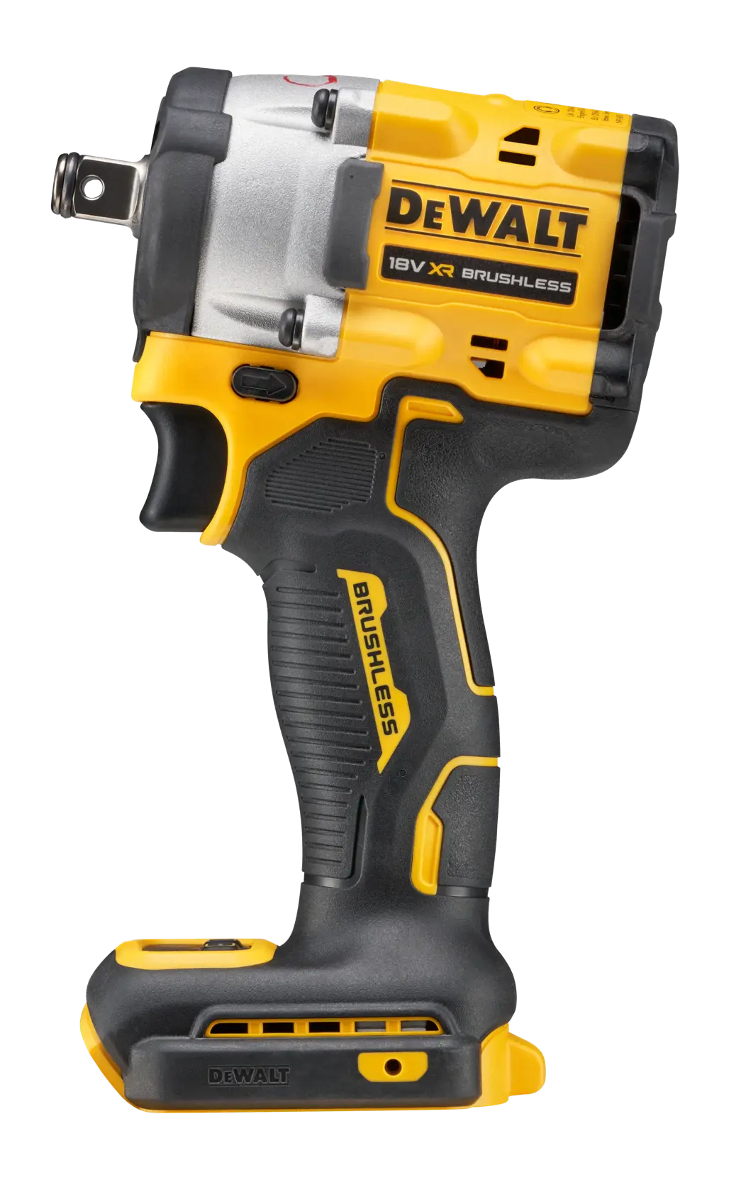 Ein kabelloser DEWALT 18V XR Brushless Schlagschrauber, abgebildet ohne Akku, mit gelb-schwarzem Design.