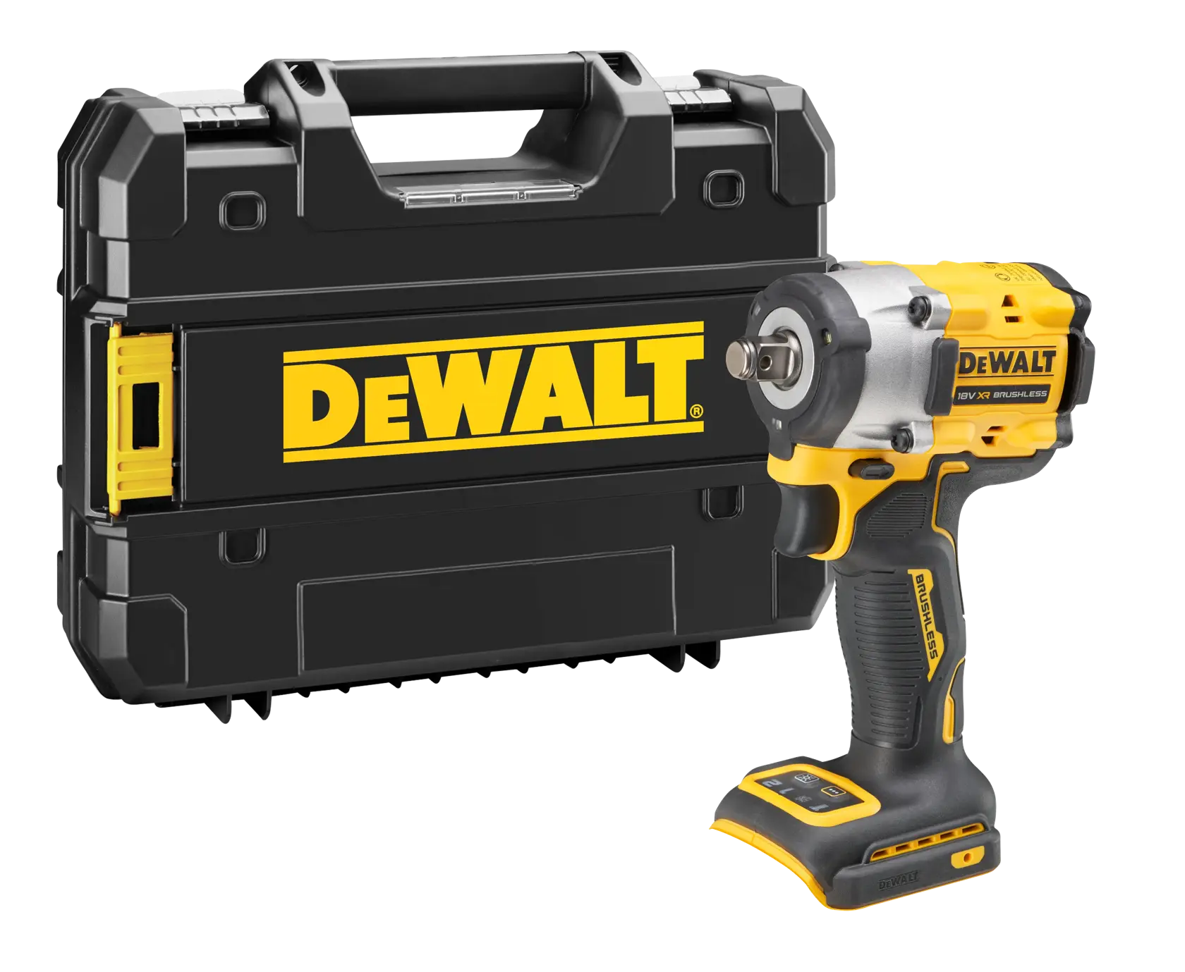 Ein kabelloser DEWALT-Schlagschrauber mit einem schwarz-gelben Transportkoffer im Hintergrund. Das Werkzeug und der Koffer zeigen deutlich das DEWALT-Logo.