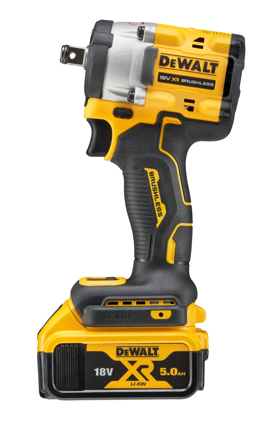 Una llave de impacto inalámbrica DEWALT 18V XR brushless con mango negro y amarillo y una batería de iones de litio de 5,0Ah en la base.