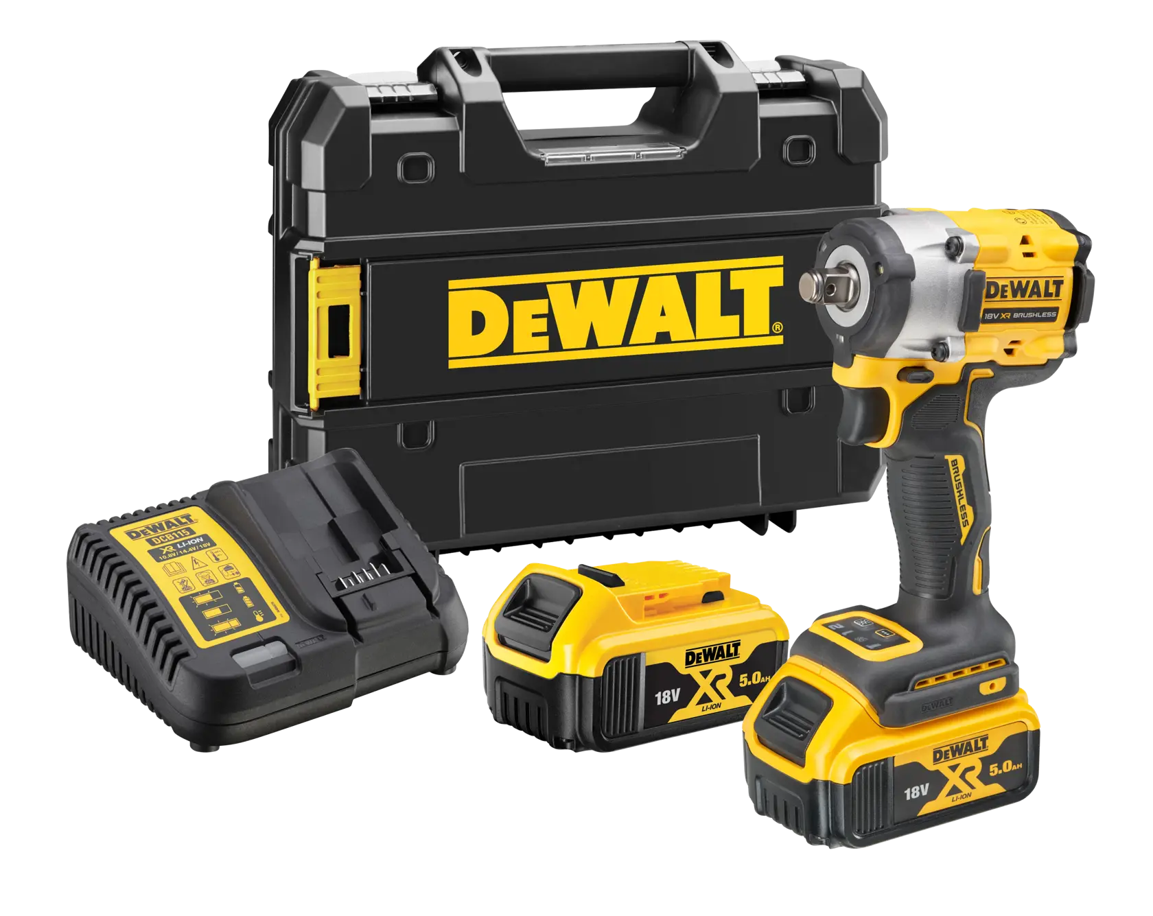 Kit de llave de impacto inalámbrica DEWALT que incluye una llave de impacto negra y amarilla, dos baterías de iones de litio de 18V, un cargador de baterías y una caja de transporte rígida con el logotipo DEWALT.