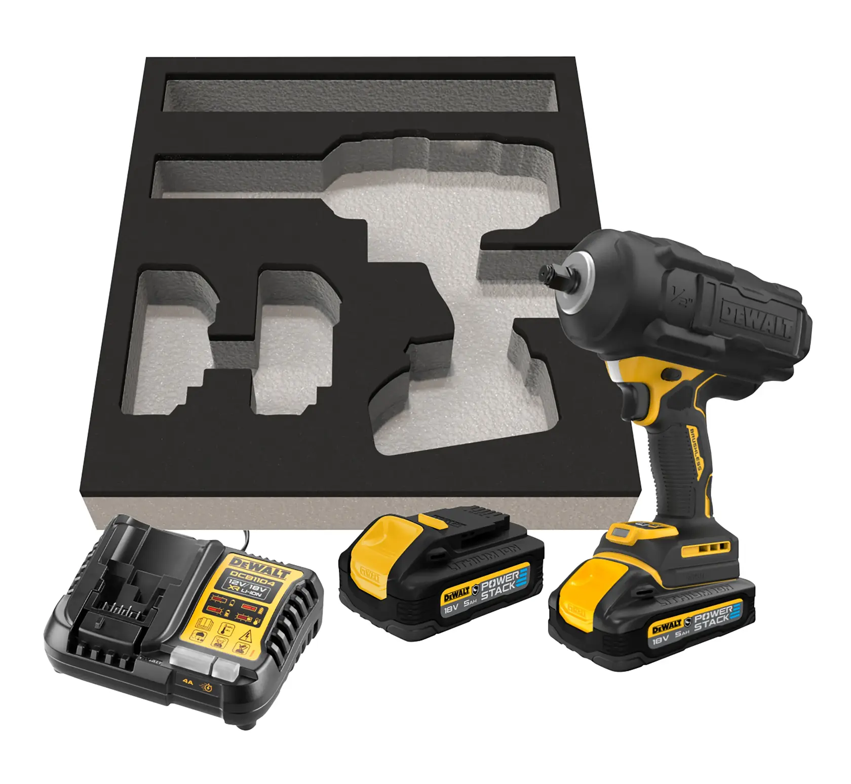 18V XR Szénkefe nélküli, 1/2" nagy nyomatékú ütvecsavarazó - 2 X 5Ah POWERSTACK Gumírozott akku