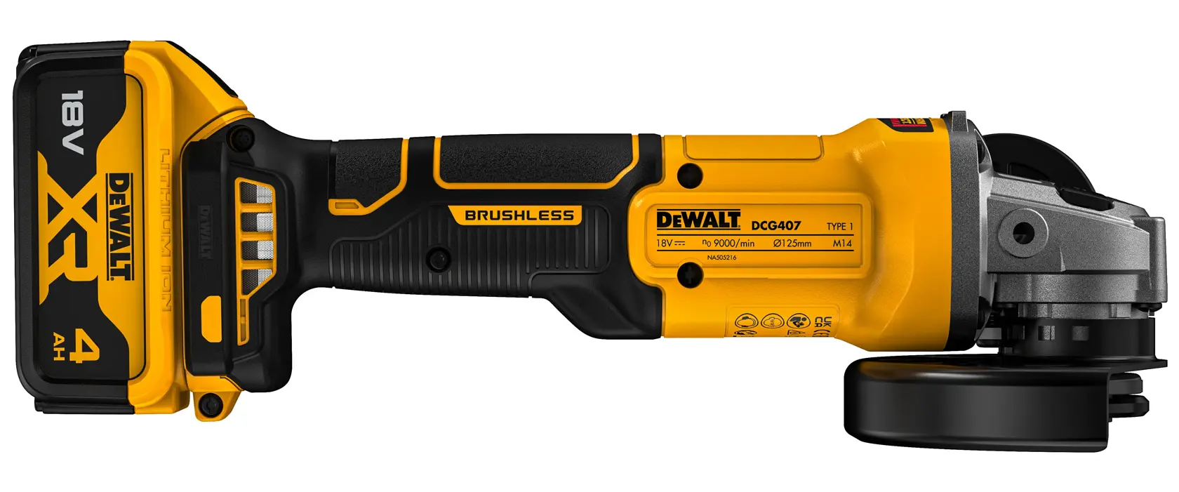 18V XR szénkefe nélküli, 125 mm-es sarokcsiszoló - 2 x 4 Ah