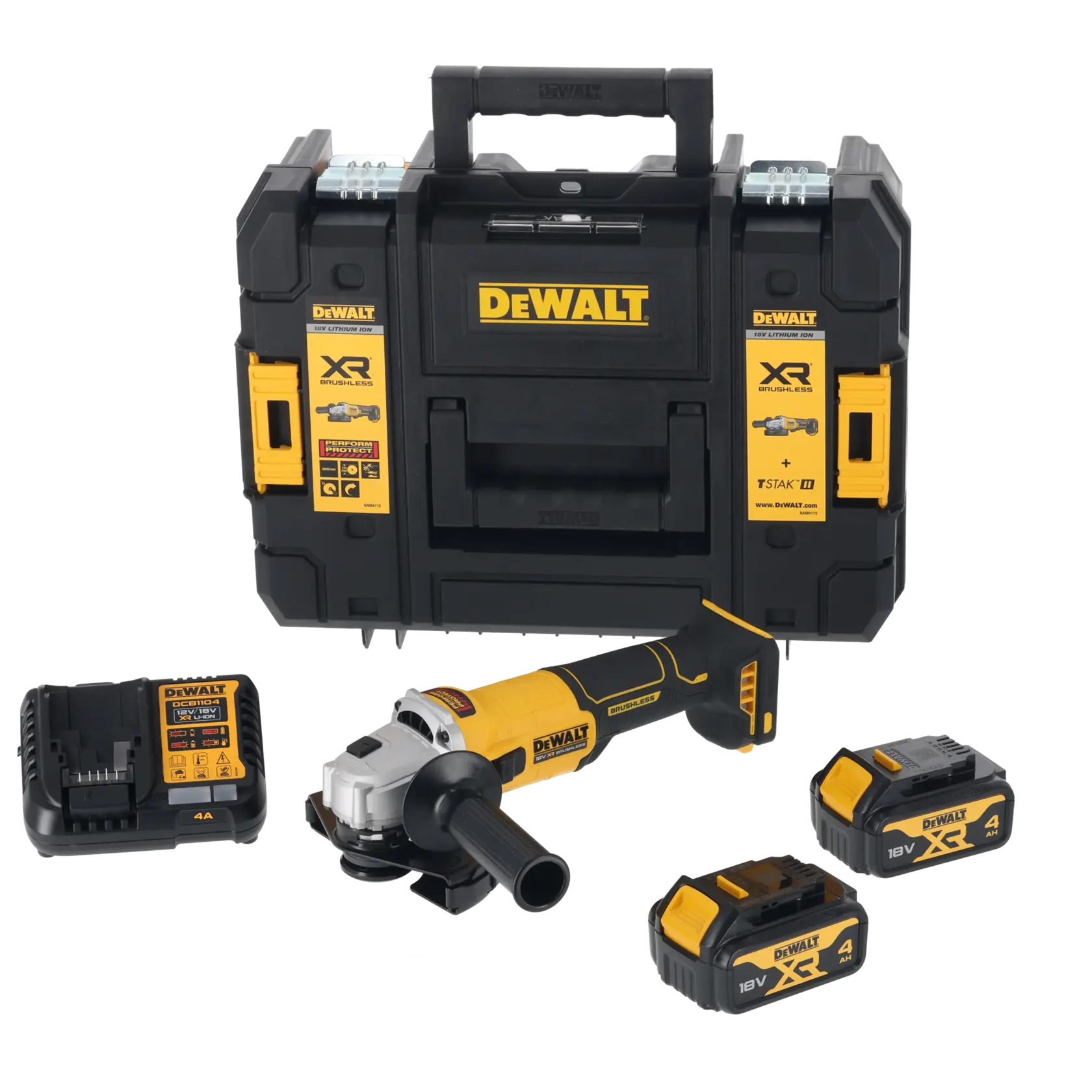 18V XR szénkefe nélküli, 125 mm-es sarokcsiszoló - 2 x 4 Ah