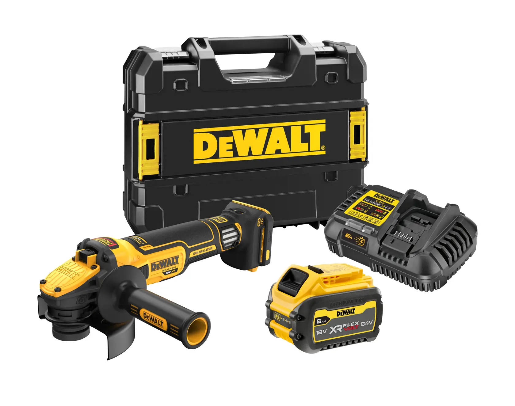 DEWALT® 18 V-os XR® szénkefe nélküli 125 mm-es változtatható sebességű sarokcsiszoló FLEXVOLT® ADVANTAGE™ technológiával - 1 x 6 Ah