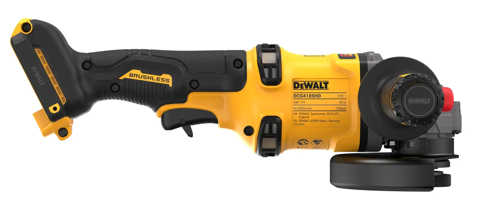 54V XR FLEXVOLT 125 mm-es, oldalfogantyú-észlelős sarokcsiszoló (csak szerszám)