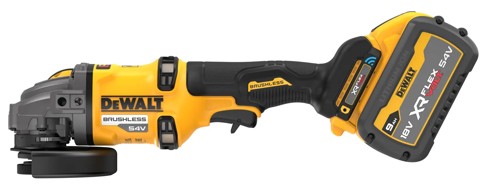 54V XR FLEXVOLT 125 mm-es, oldalfogantyú-észlelős sarokcsiszoló - 2 x FLEXVOLT 9 Ah