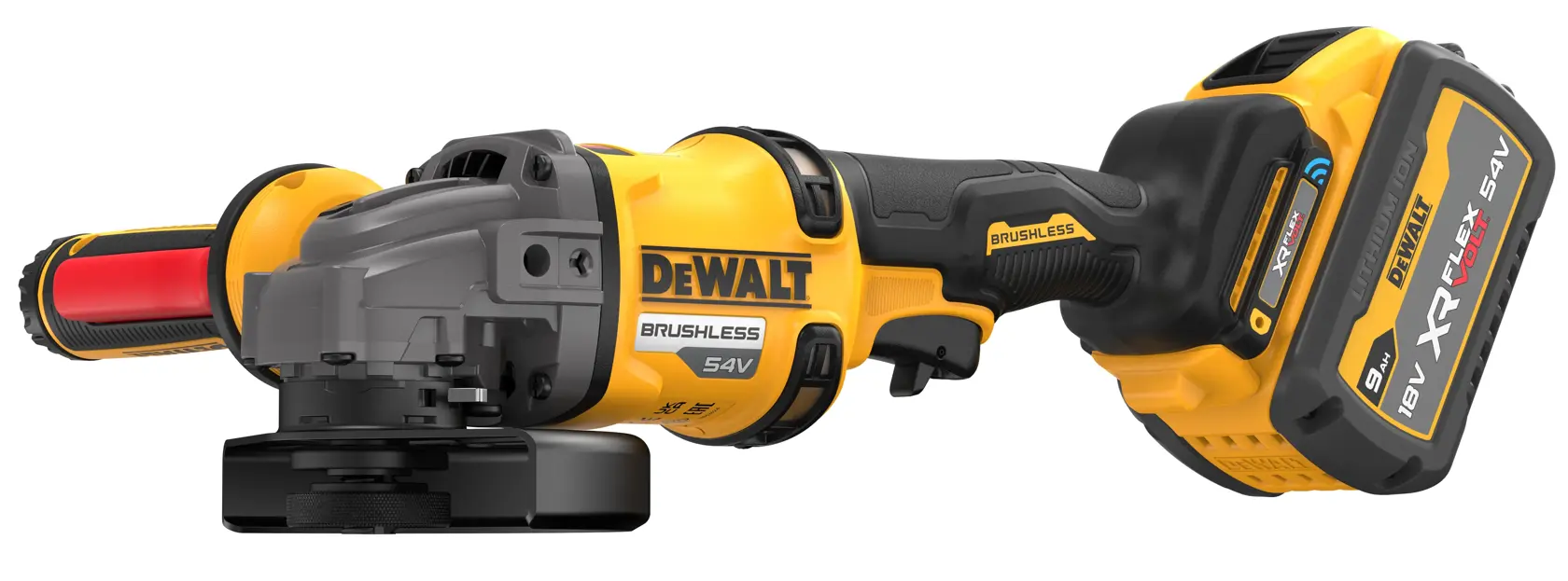 54V XR FLEXVOLT 125 mm-es, oldalfogantyú-észlelős sarokcsiszoló - 2 x FLEXVOLT 9 Ah