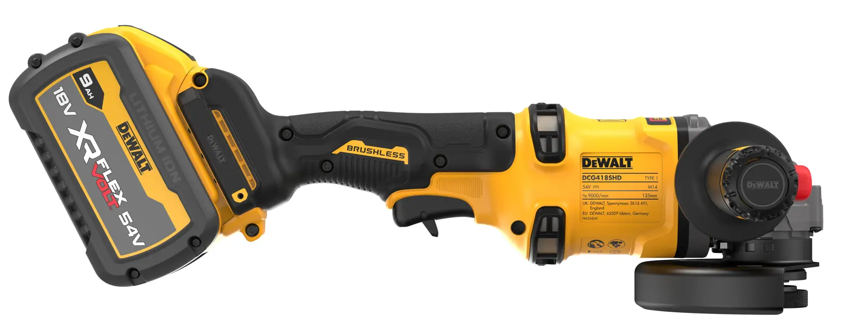 54V XR FLEXVOLT 125 mm-es, oldalfogantyú-észlelős sarokcsiszoló - 2 x FLEXVOLT 9 Ah