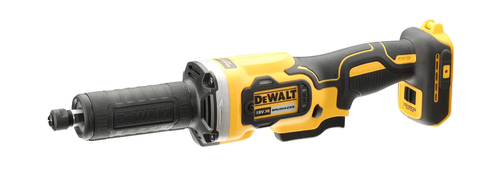 DEWALT DCG426N akkumulátoros egyenes csiszológép sárga és fekete színben, akkumulátor nélkül, ergonomikus fogantyúval és kefementes motorral.