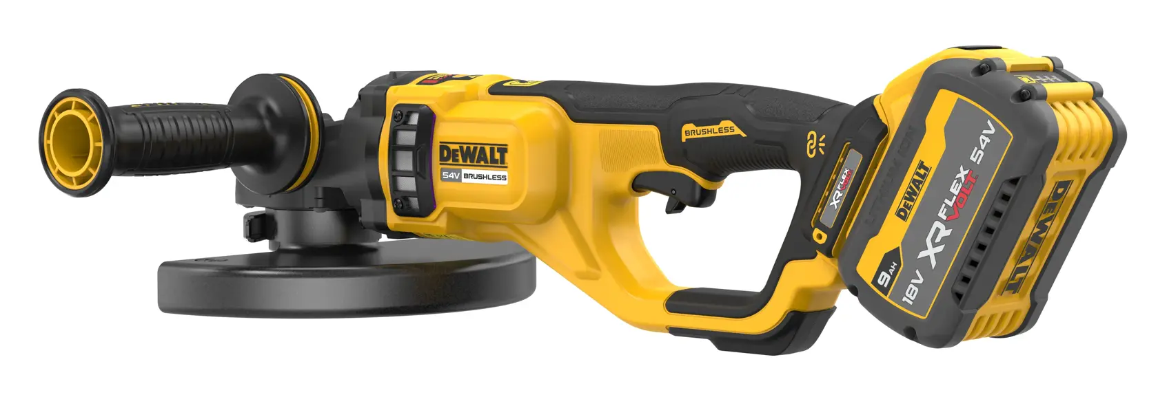 54V XR FLEXVOLT 230 mm-es sarokcsiszoló - 2×9AH akku, töltő