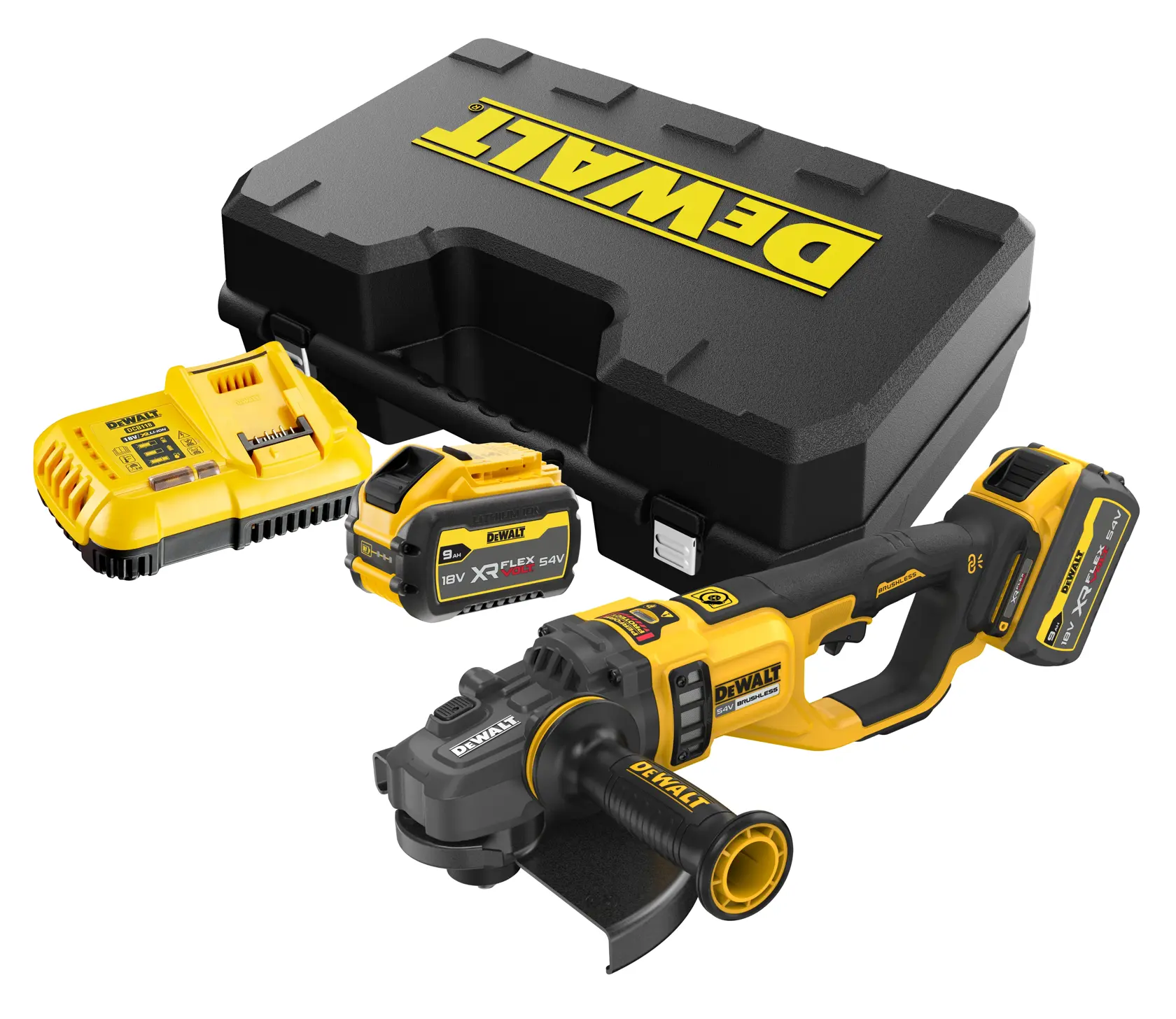 54V XR FLEXVOLT 230 mm-es sarokcsiszoló - 2×9AH akku, töltő