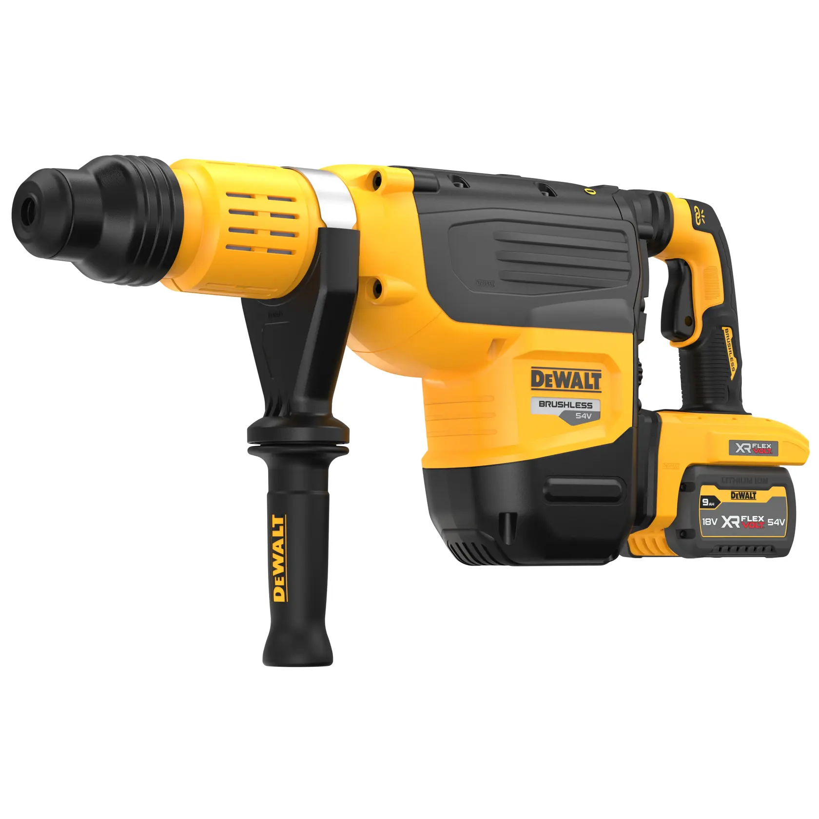 Egy sárga és fekete DEWALT szénkefe nélküli, vezeték nélküli forgókalapács fúró, DCH775X2 modell, XR FLEXVOLT lítium-ion akkumulátorral és oldalsó fogantyúval.