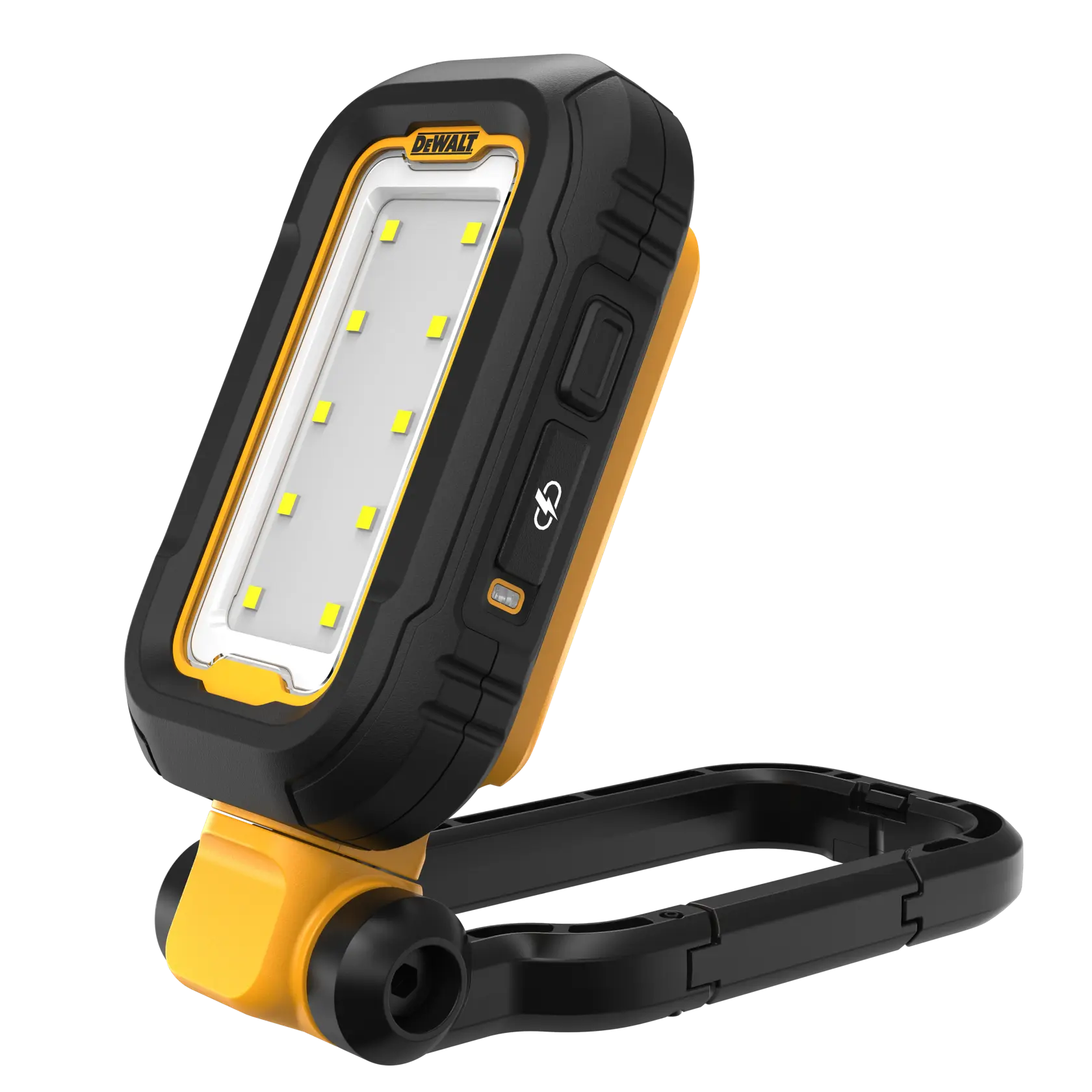 DEWALT DCL182 hordozható LED munkalámpa strapabíró fekete-sárga burkolattal, állítható tartóval és több LED izzóval, fehér háttér előtt.