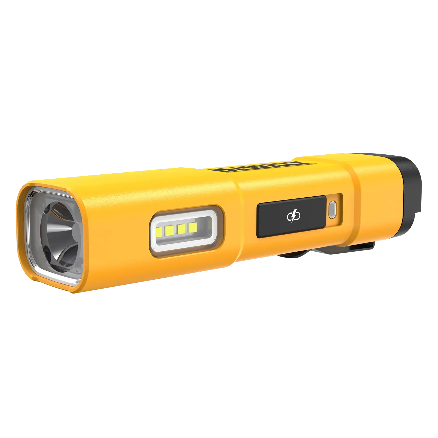 DEWALT DCL183 sárga, téglalap alakú, tölthető LED zseblámpa oldalsó LED sorral és bekapcsoló gombbal.