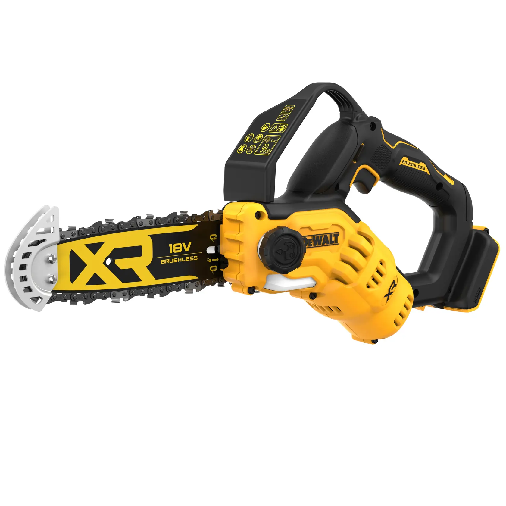 Egy DEWALT XR 18V brushless vezeték nélküli láncfűrész sárga-fekete színben, fehér háttérrel.