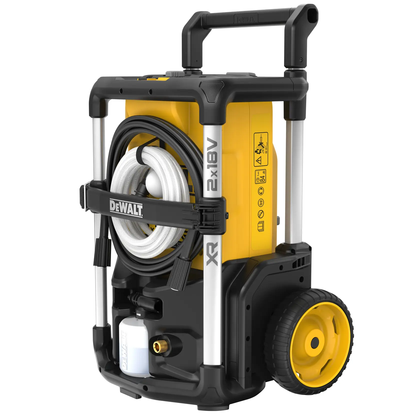 DEWALT hordozható magasnyomású mosó, DCMPW1600 modell, sárga-fekete kialakítással, nagy kerekekkel a könnyű szállításhoz, elöl feltekert tömlővel és ergonomikus markolattal.