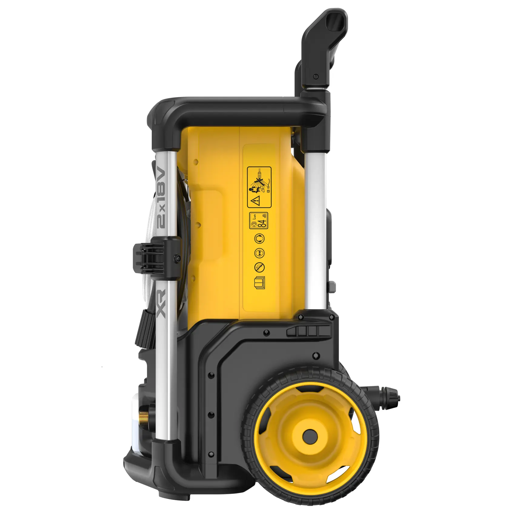 A DEWALT DCMPW1600 hordozható magasnyomású mosó oldalnézete, sárga-fekete kialakítással, nagy kerekekkel és könnyű szállítást biztosító fogantyúval.