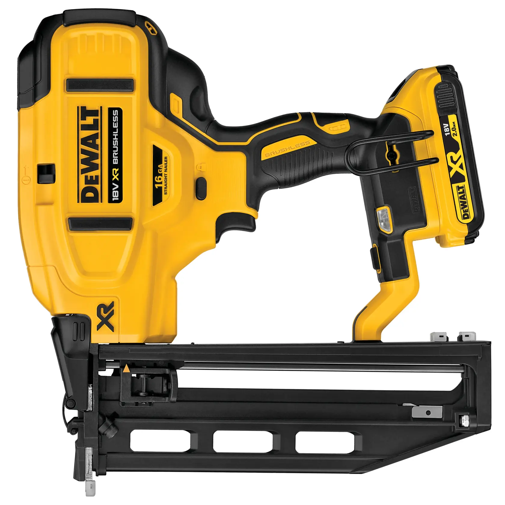 DEWALT® 18 V-os XR® szénkefe nélküli, finiselő egyenes szegező (2 x 2 Ah) (16-os méretű)
