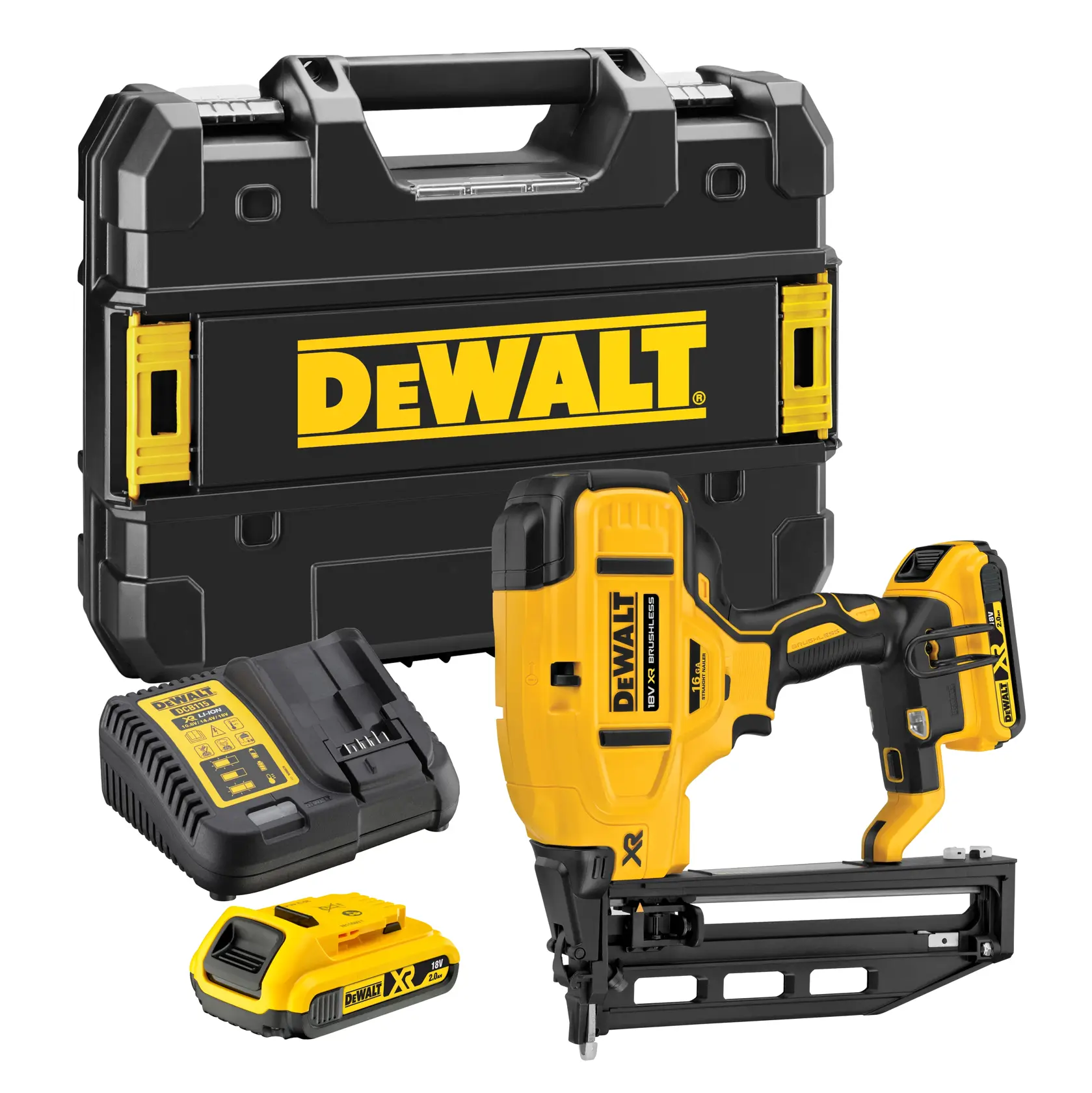 DEWALT® 18 V-os XR® szénkefe nélküli, finiselő egyenes szegező (2 x 2 Ah) (16-os méretű)