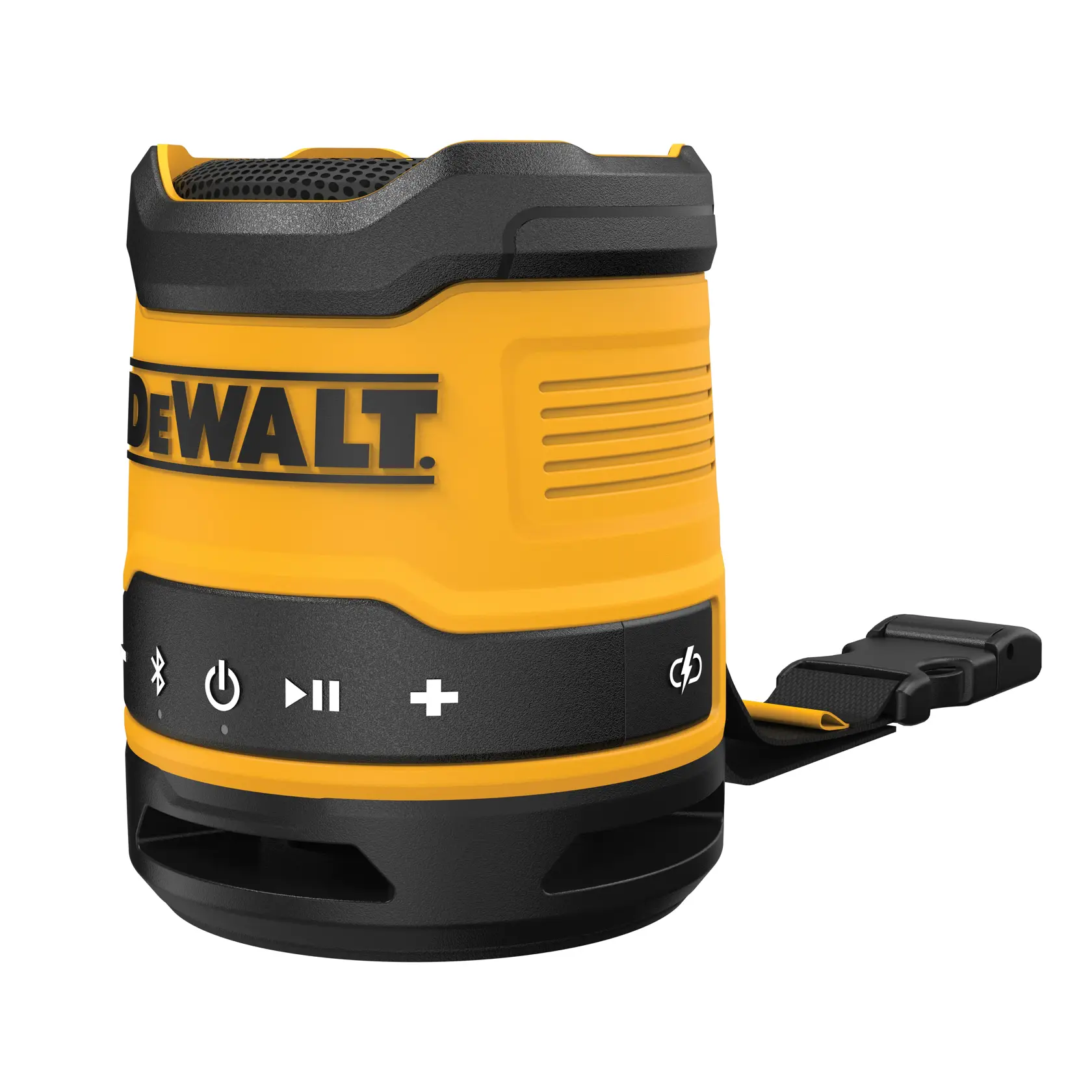 Egy DEWALT hordozható Bluetooth hangszóró sárga és fekete színben, vezérlőgombokkal és hordozó szíjjal.
