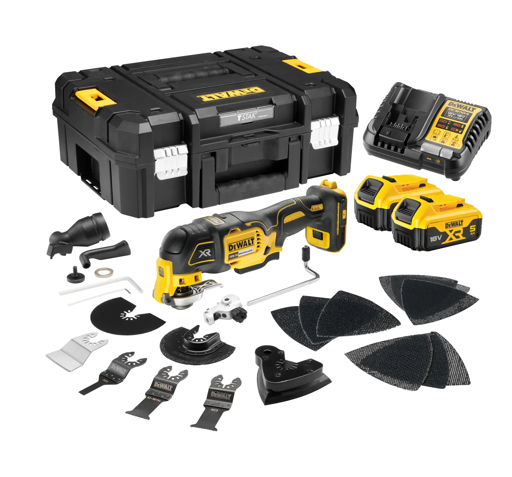 18V XR kefe nélküli multitool 2 × 5 Ah akkumulátorral és töltővel, TSTAK kofferben
