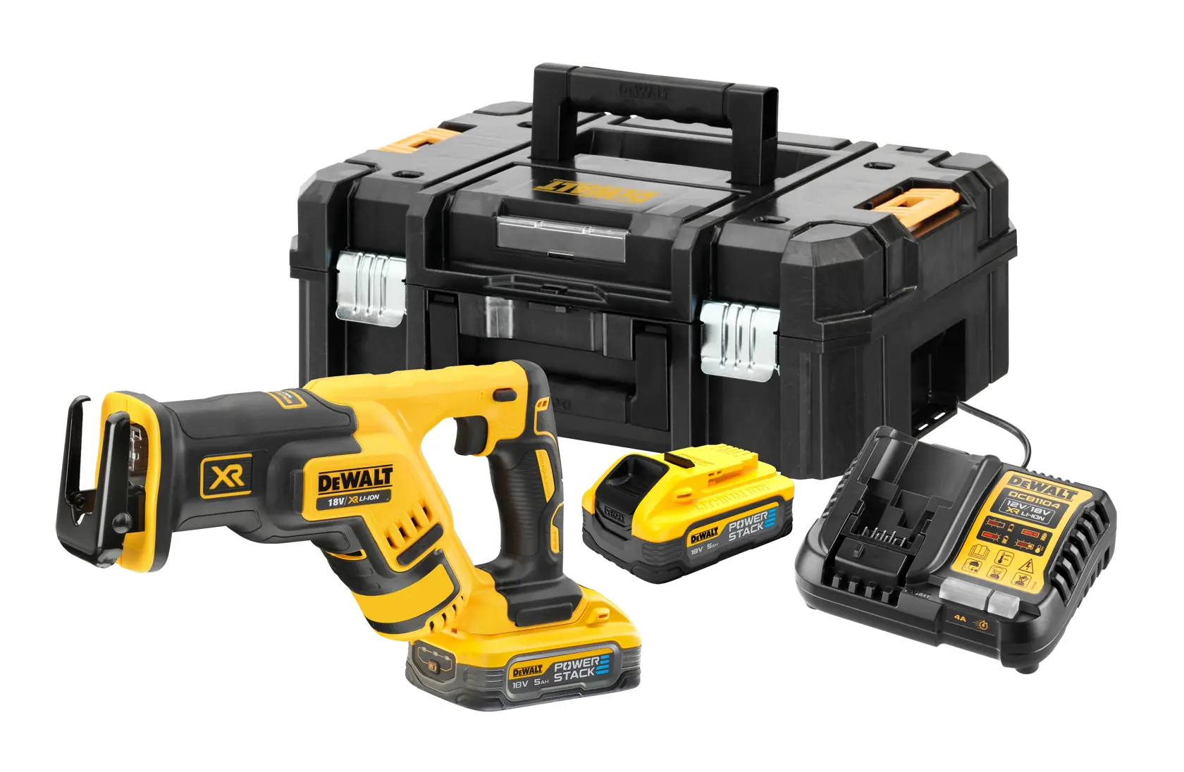 DEWALT DCS367H2T vezeték nélküli szablyafűrész készlet, benne sárga-fekete fűrész, két POWERSTACK 18V akku, akkumulátor töltő és masszív fekete hordtáska fogantyúval.