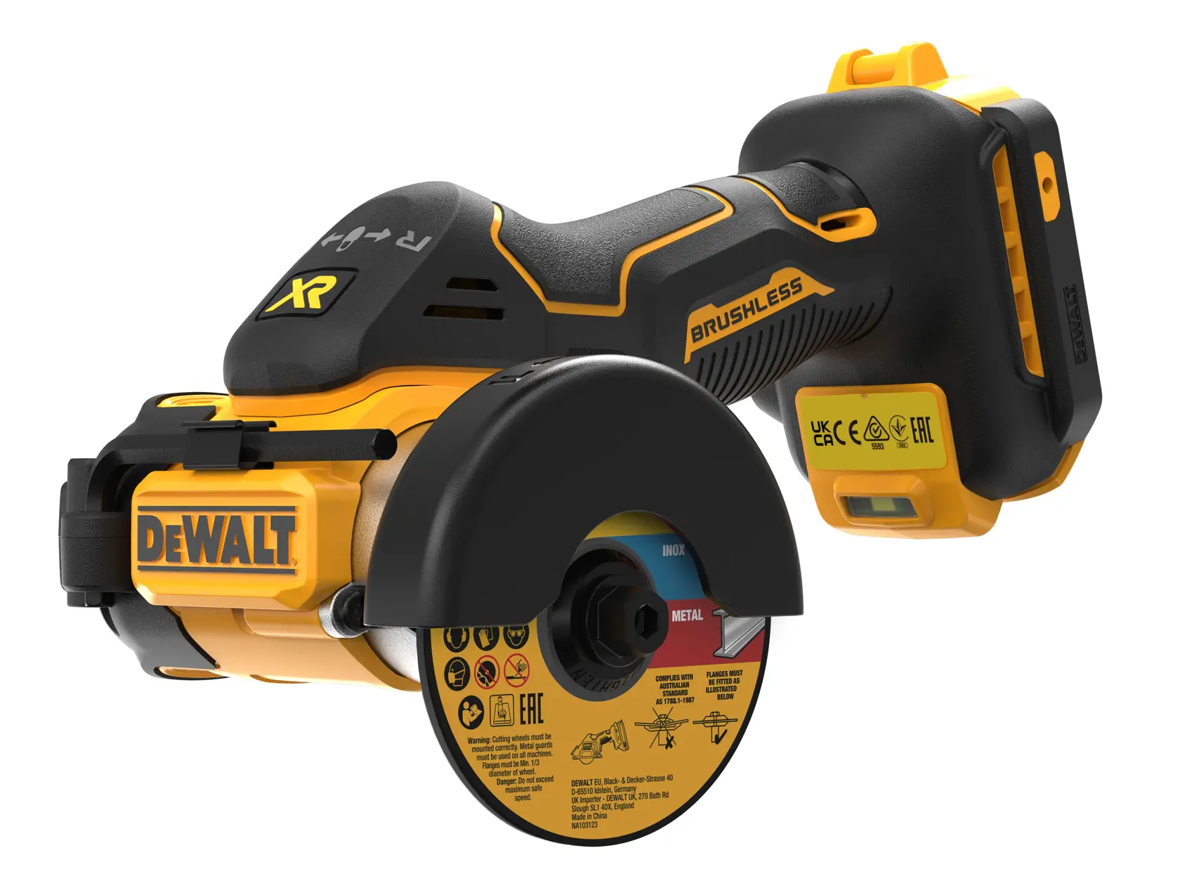 DEWALT DCS438N vezeték nélküli, kefenélküli vágószerszám védőburkolattal és DEWALT logóval, fémvágó tárcsával bemutatva.