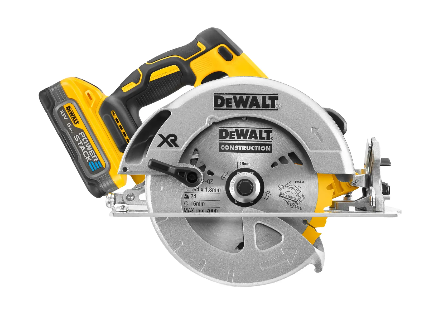 18V XR Szénkefe nélküli, 184 mm-es kézi KÖRFŰRÉSZ, 2 db 5,0 Ah Powerstack akkumulátorral, töltővel, kofferben.