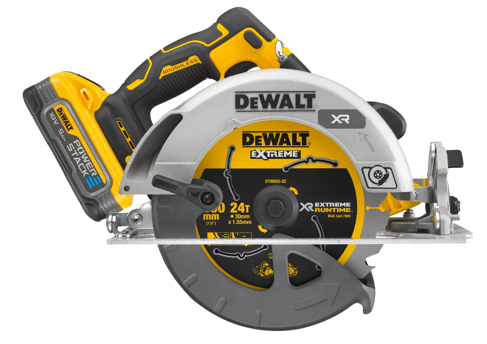 18V XR szénkefe nélküli 190 mm-es körfűrész, 2×5Ah POWERSTACK akku, TSTAK kofferben