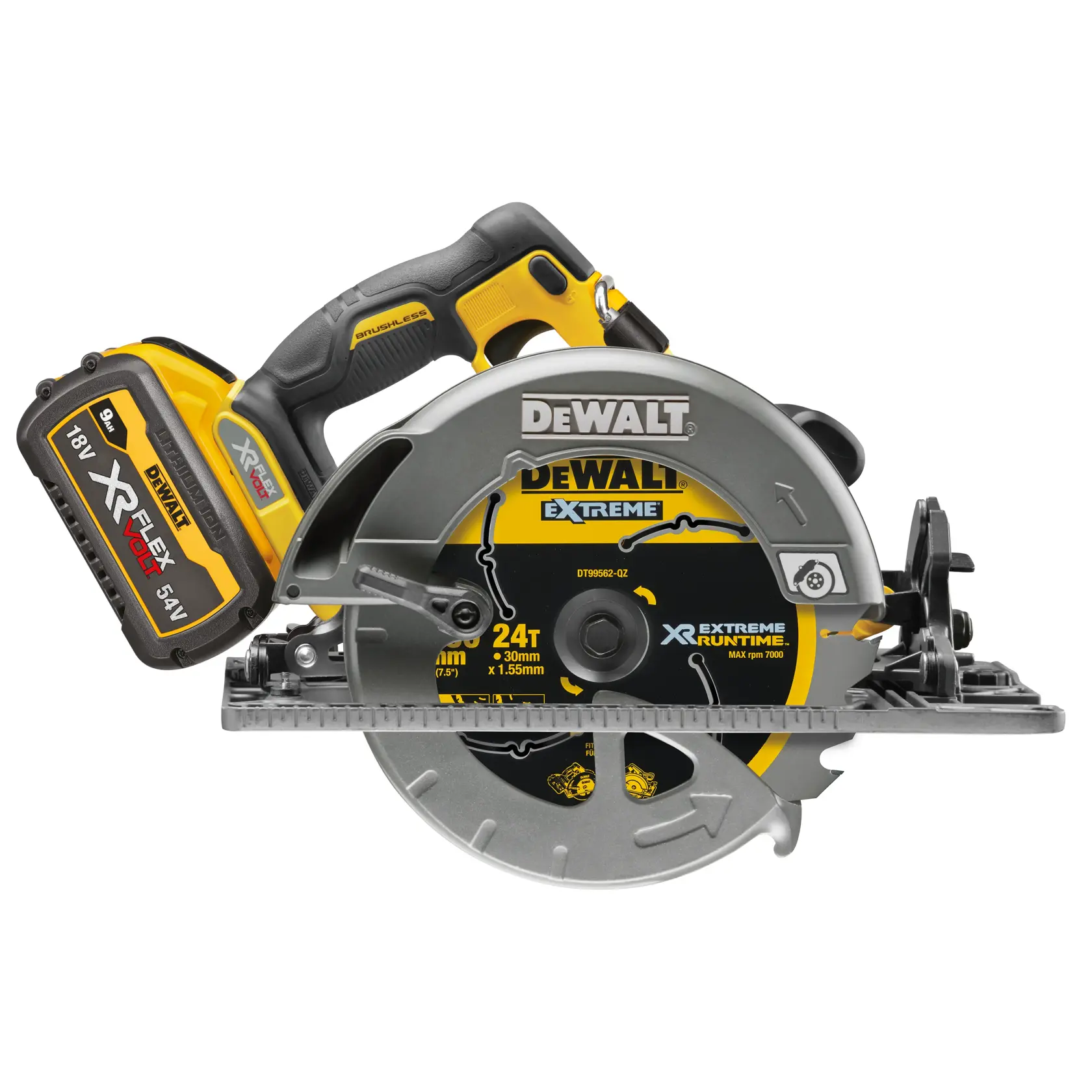 DEWALT® 54V XR® FLEXVOLT® 190 mm-es sínnel kompatibilis körfűrész - 2 x 9Ah