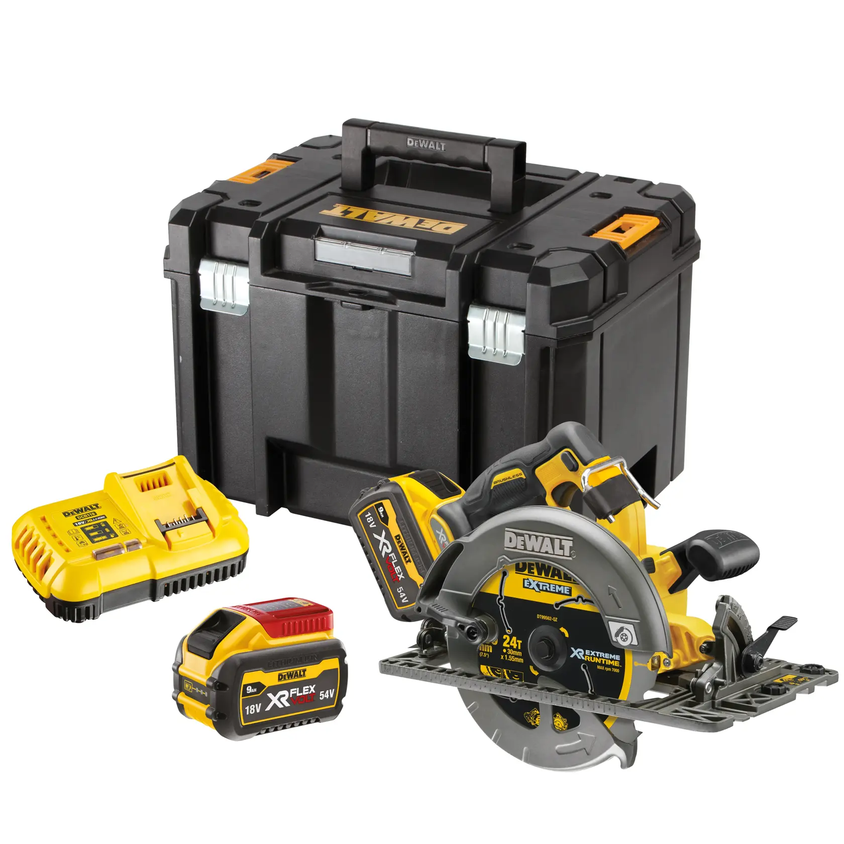 DEWALT® 54V XR® FLEXVOLT® 190 mm-es sínnel kompatibilis körfűrész - 2 x 9Ah