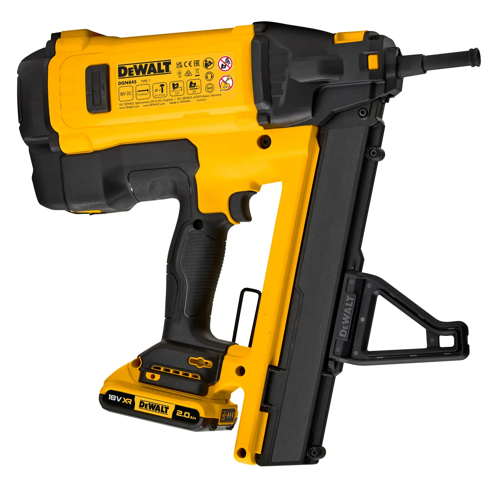 A yellow and black DEWALT cordless nail gun with a battery pack attached, shown against a white background.